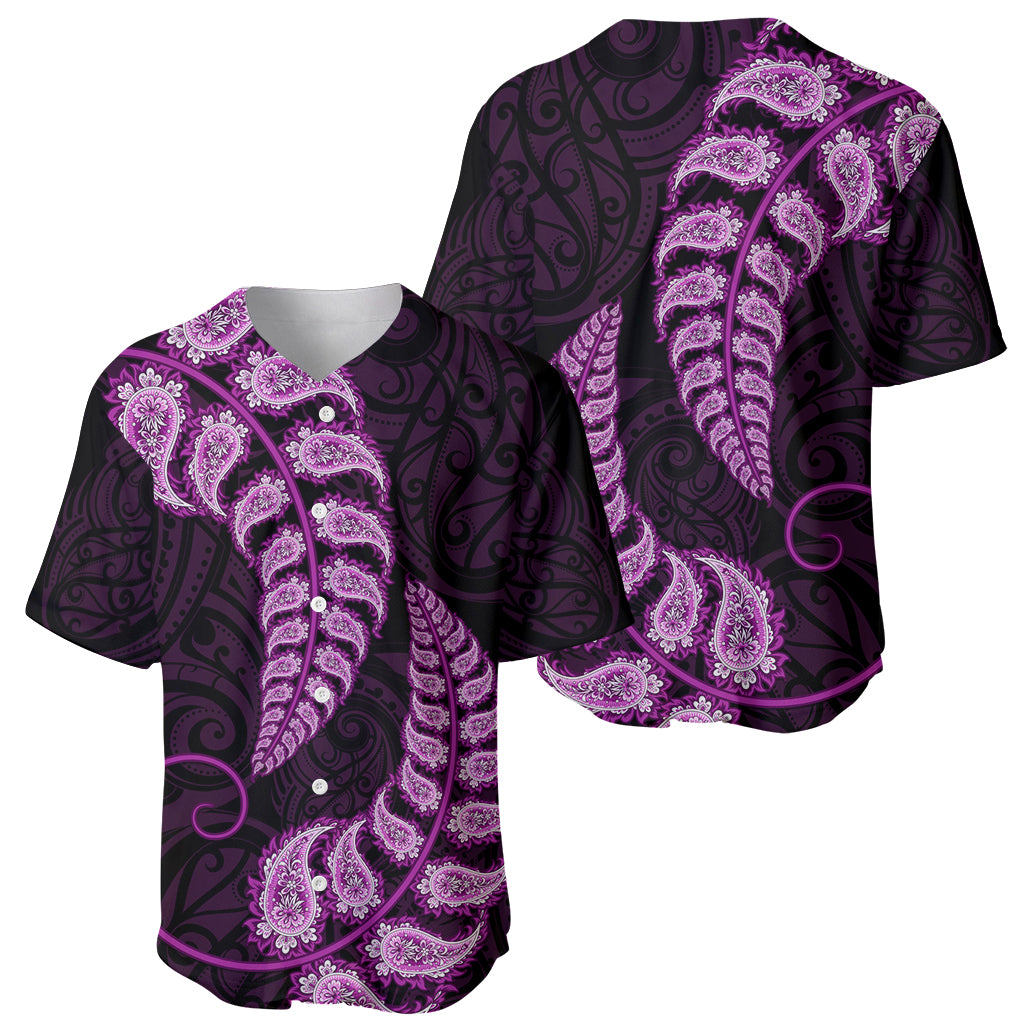 Purple New Zealand Paisley Silver Fern Baseball Jersey Aotearoa Maori - Vibe Hoodie Shop