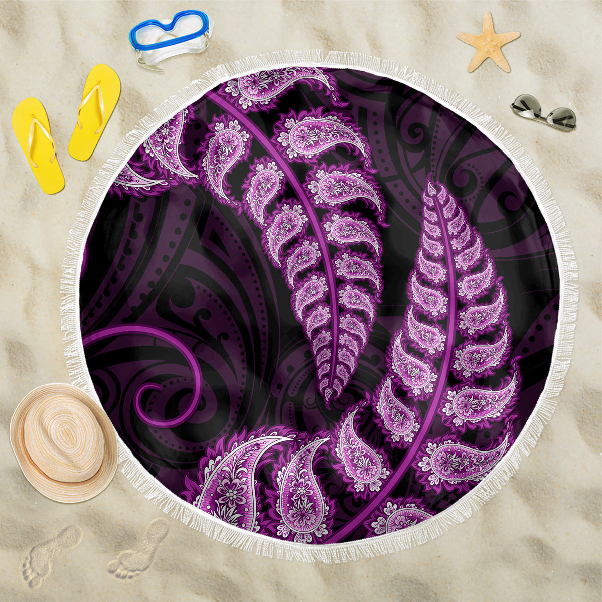 purple-new-zealand-paisley-silver-fern-beach-blanket-aotearoa-maori