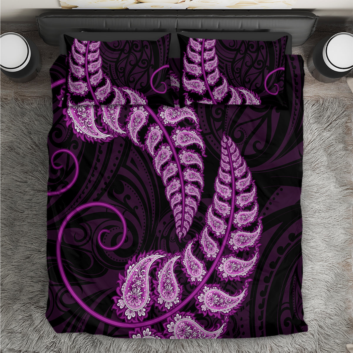 Purple New Zealand Paisley Silver Fern Bedding Set Aotearoa Maori - Vibe Hoodie Shop