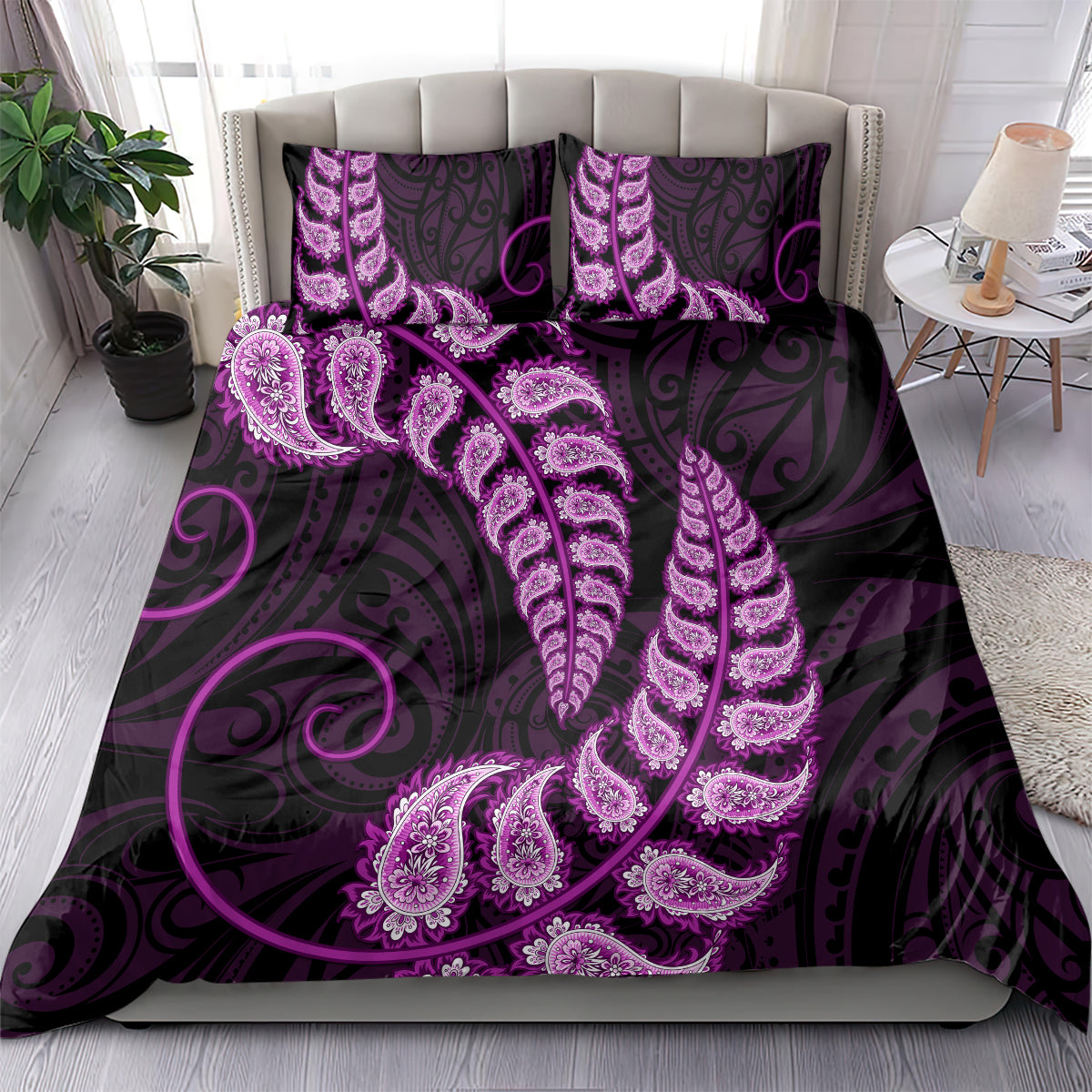 Purple New Zealand Paisley Silver Fern Bedding Set Aotearoa Maori - Vibe Hoodie Shop