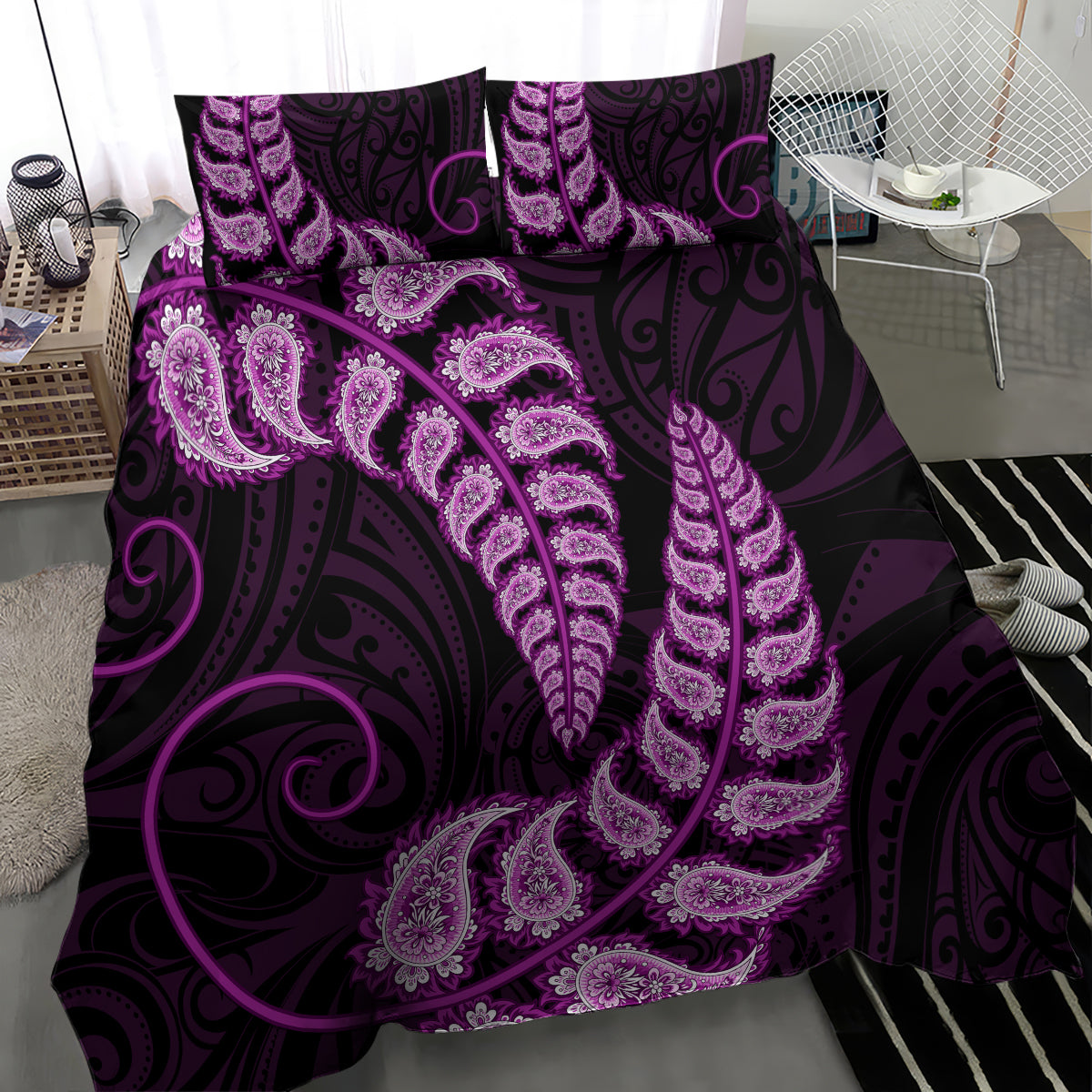 Purple New Zealand Paisley Silver Fern Bedding Set Aotearoa Maori - Vibe Hoodie Shop