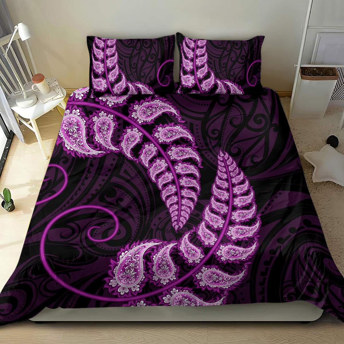 Purple New Zealand Paisley Silver Fern Bedding Set Aotearoa Maori - Vibe Hoodie Shop