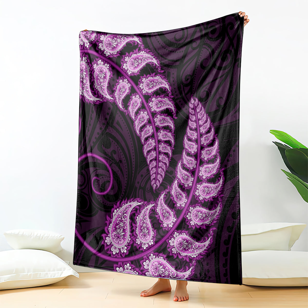 Purple New Zealand Paisley Silver Fern Blanket Aotearoa Maori - Vibe Hoodie Shop