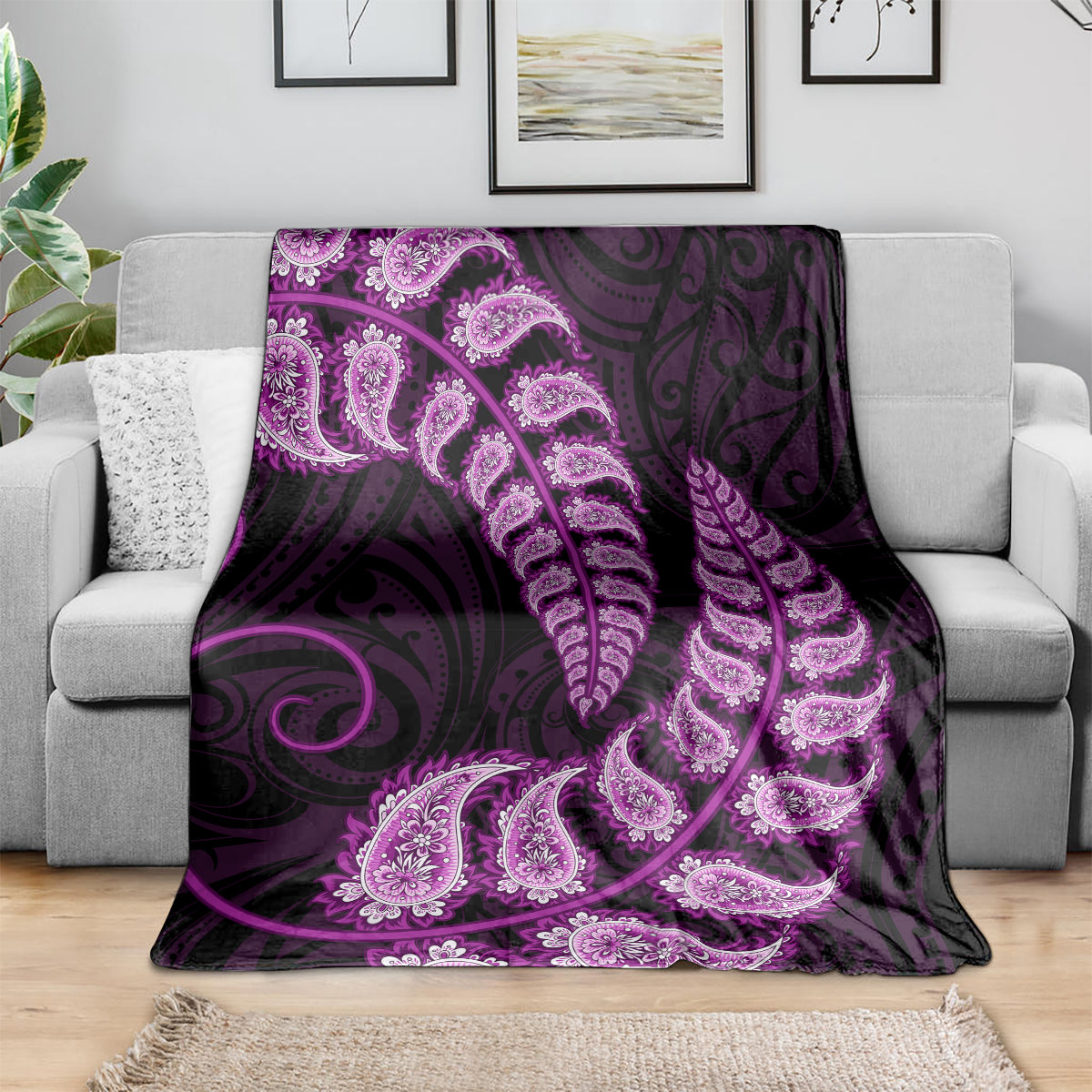 Purple New Zealand Paisley Silver Fern Blanket Aotearoa Maori - Vibe Hoodie Shop