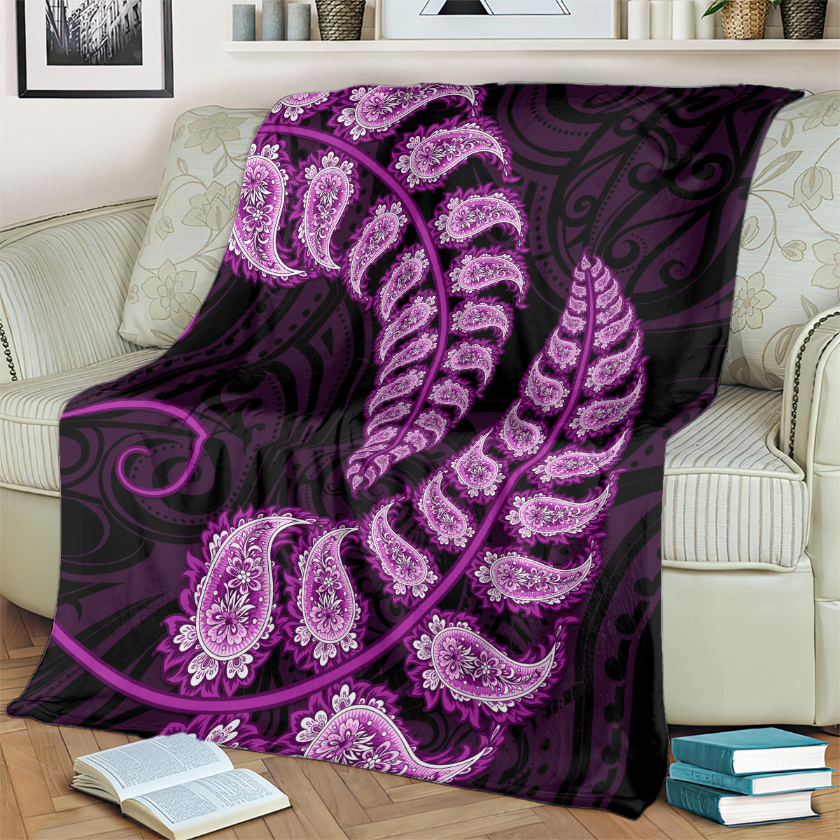 Purple New Zealand Paisley Silver Fern Blanket Aotearoa Maori - Vibe Hoodie Shop