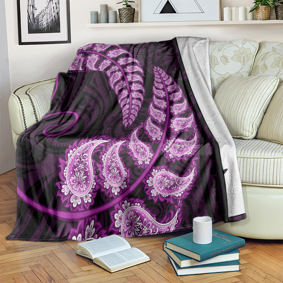 Purple New Zealand Paisley Silver Fern Blanket Aotearoa Maori - Vibe Hoodie Shop