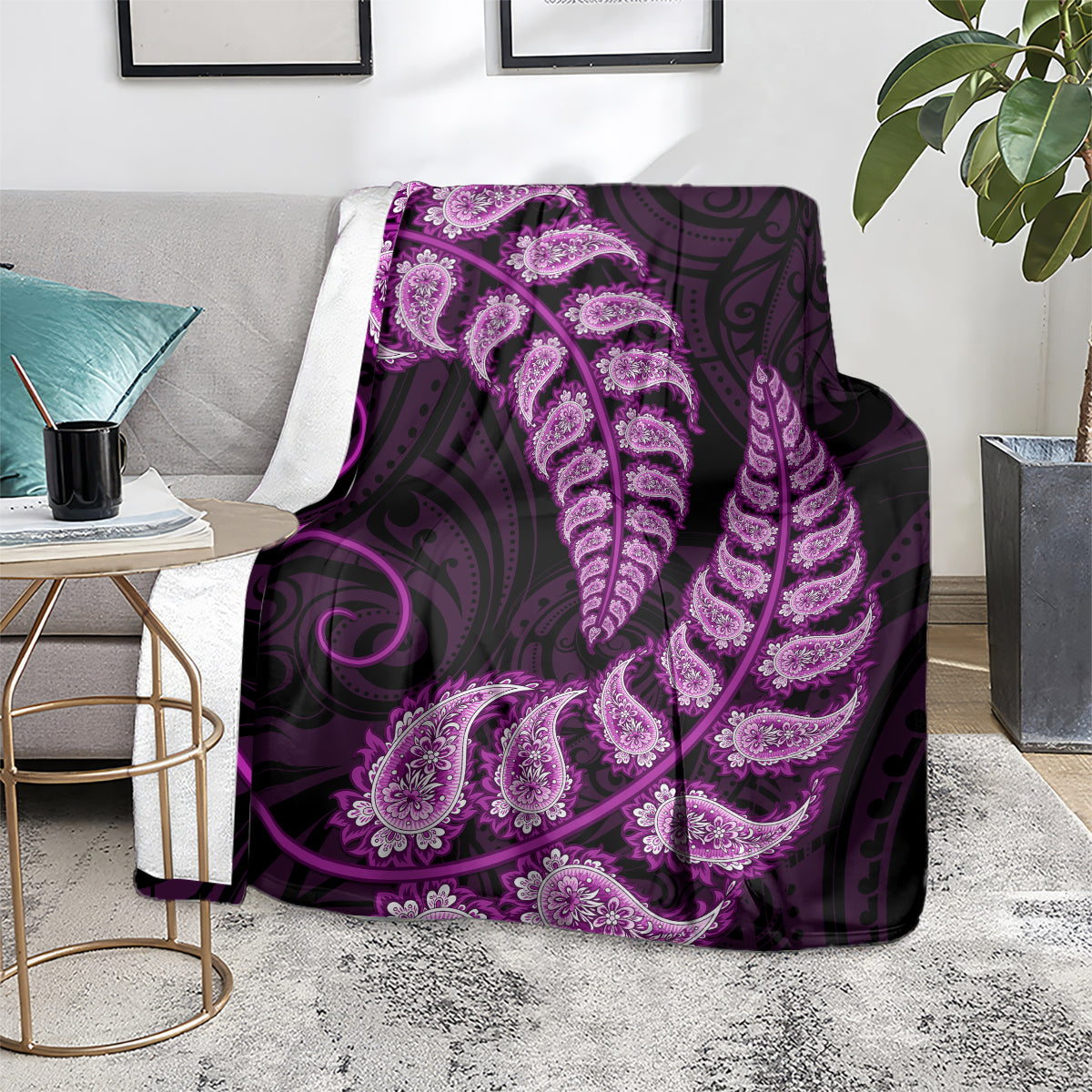 Purple New Zealand Paisley Silver Fern Blanket Aotearoa Maori - Vibe Hoodie Shop