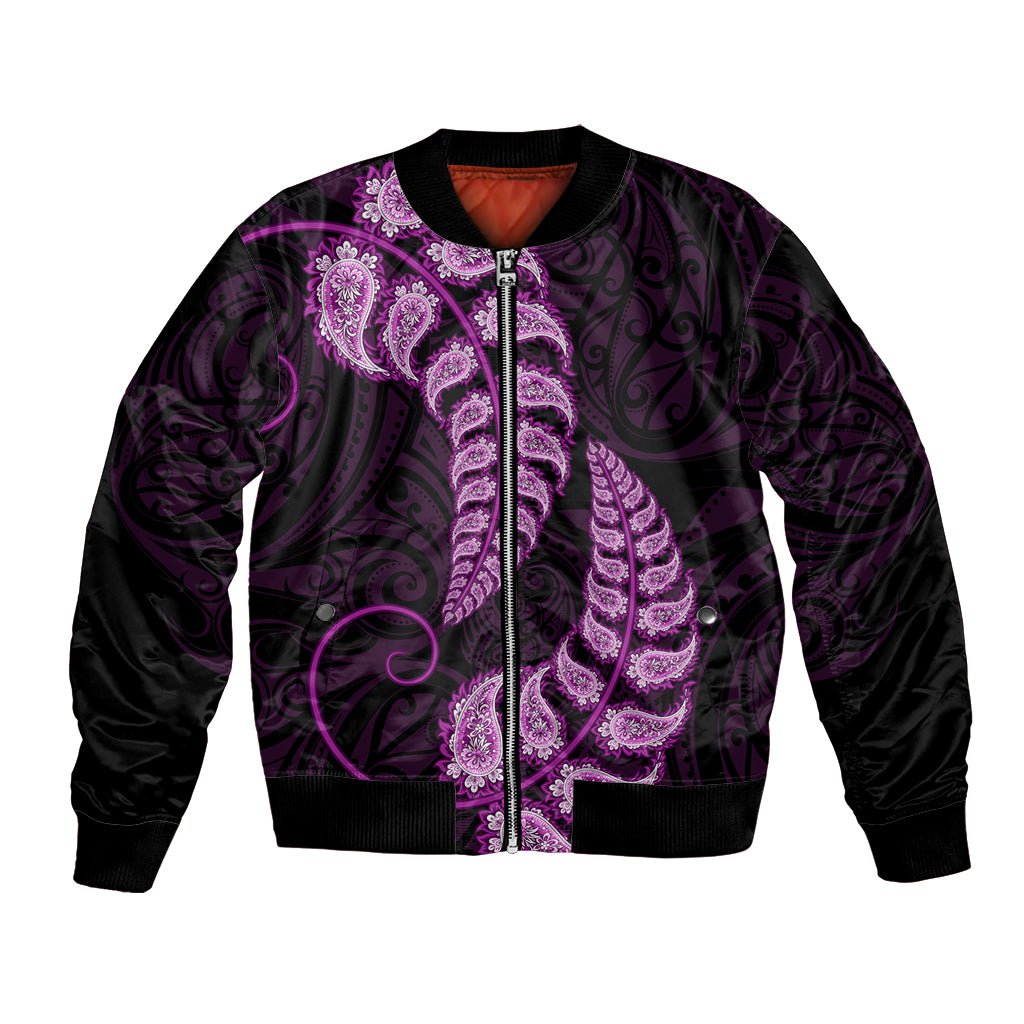 Purple New Zealand Paisley Silver Fern Bomber Jacket Aotearoa Maori - Vibe Hoodie Shop