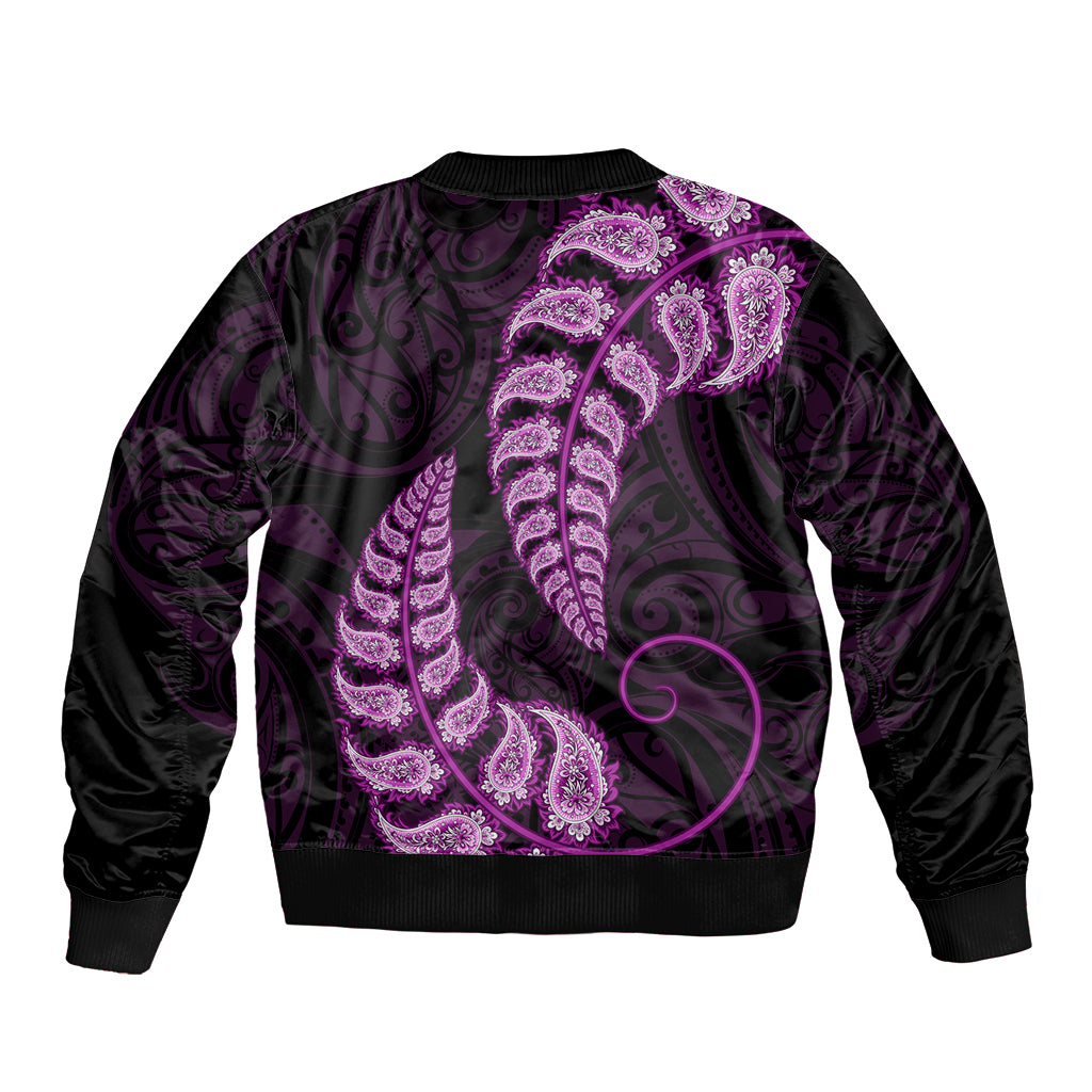 Purple New Zealand Paisley Silver Fern Bomber Jacket Aotearoa Maori - Vibe Hoodie Shop