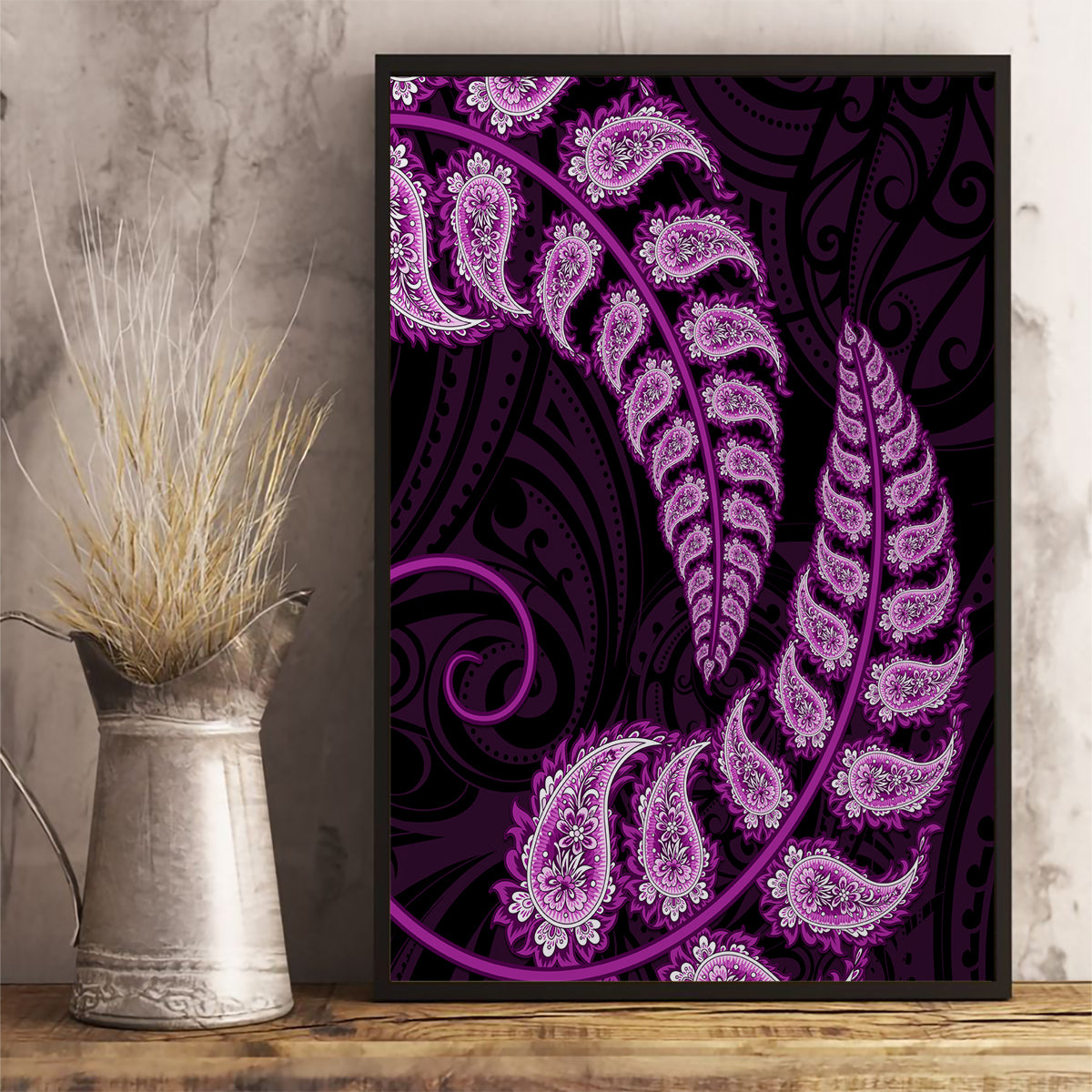 purple-new-zealand-paisley-silver-fern-canvas-wall-art-aotearoa-maori