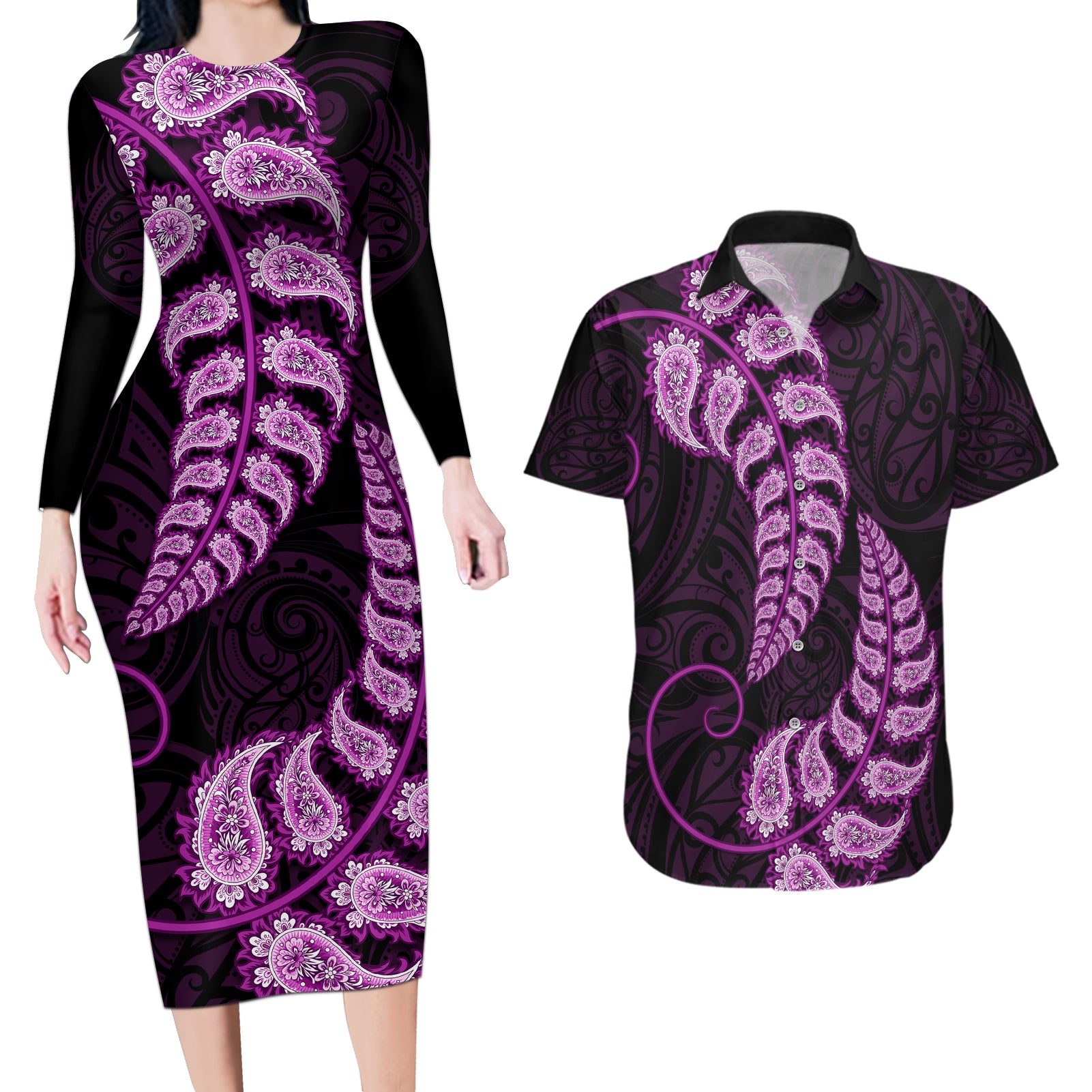 purple-new-zealand-paisley-silver-fern-couples-matching-long-sleeve-bodycon-dress-and-hawaiian-shirt-aotearoa-maori