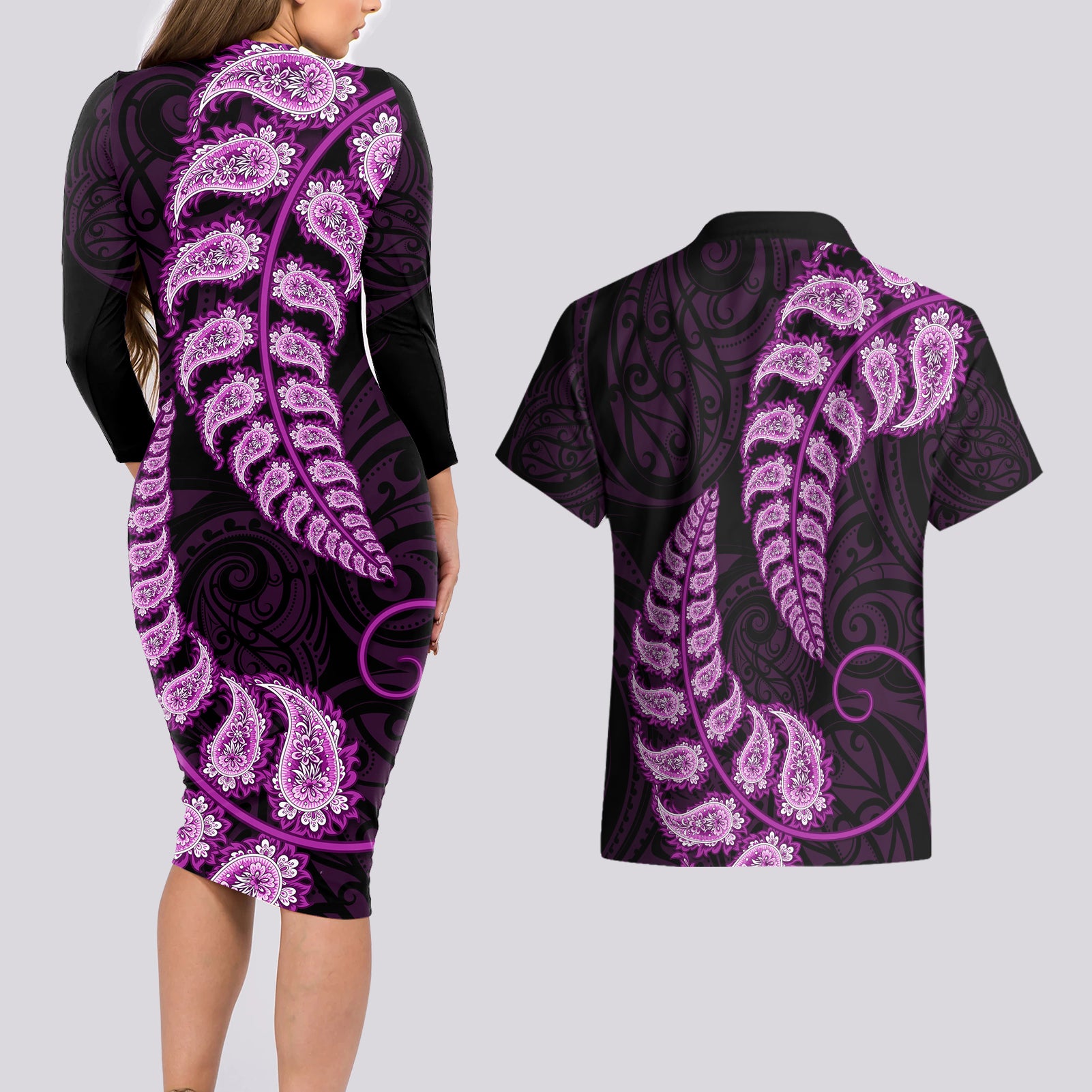 purple-new-zealand-paisley-silver-fern-couples-matching-long-sleeve-bodycon-dress-and-hawaiian-shirt-aotearoa-maori