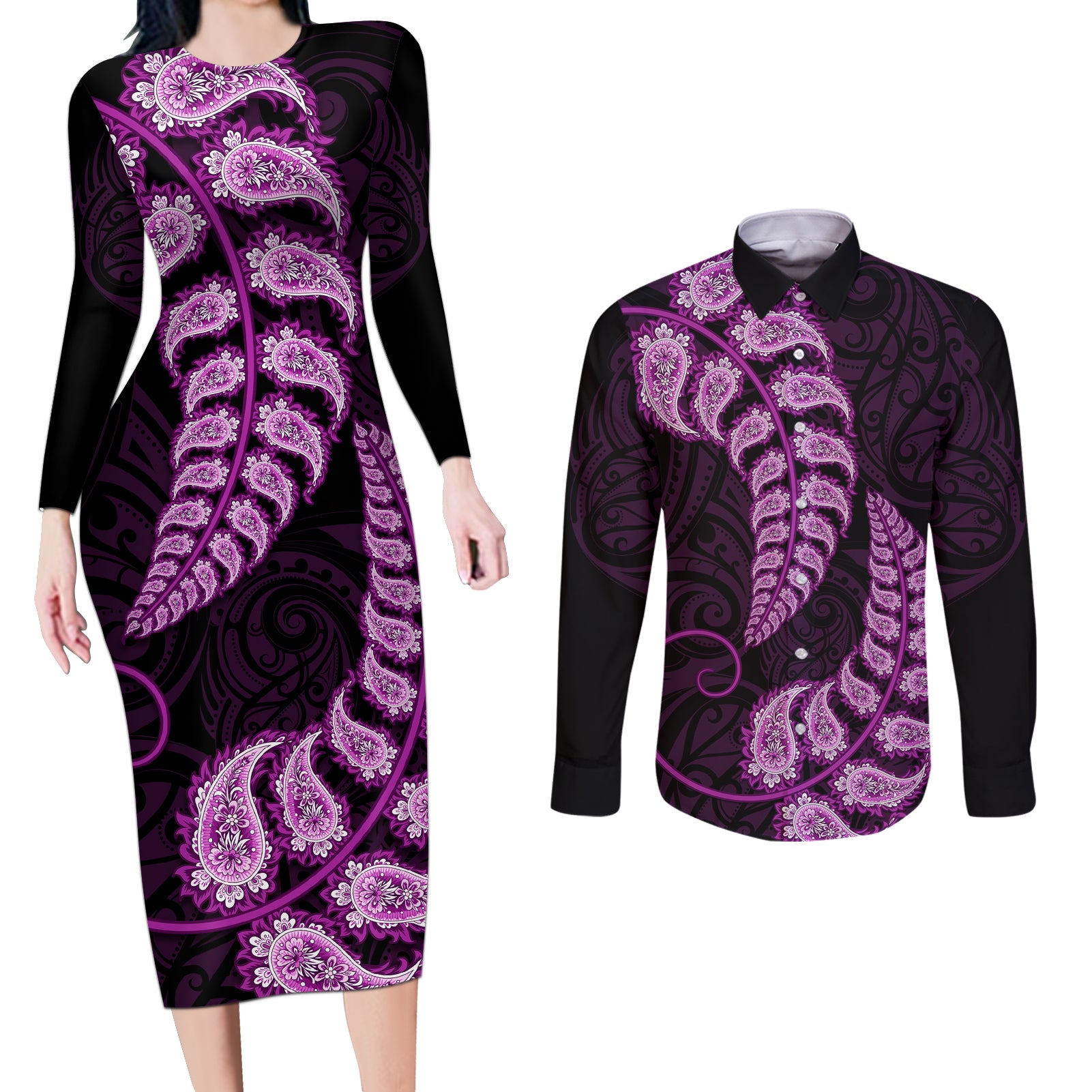 purple-new-zealand-paisley-silver-fern-couples-matching-long-sleeve-bodycon-dress-and-long-sleeve-button-shirt-aotearoa-maori