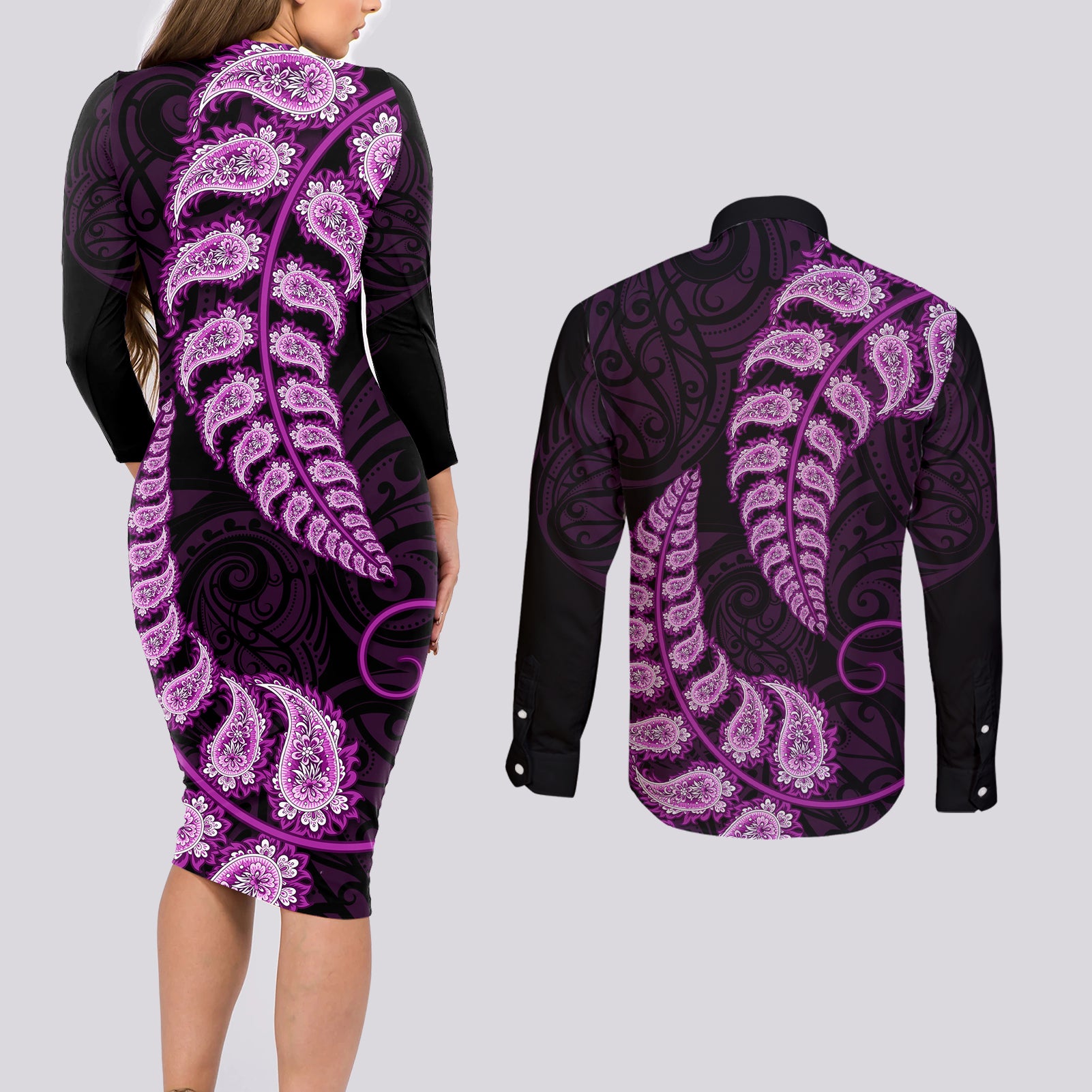 purple-new-zealand-paisley-silver-fern-couples-matching-long-sleeve-bodycon-dress-and-long-sleeve-button-shirt-aotearoa-maori