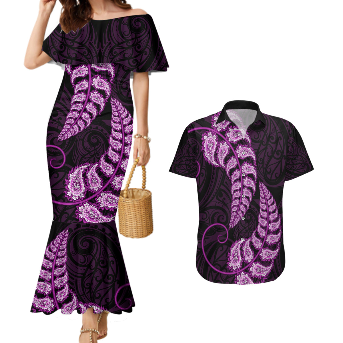 purple-new-zealand-paisley-silver-fern-couples-matching-mermaid-dress-and-hawaiian-shirt-aotearoa-maori