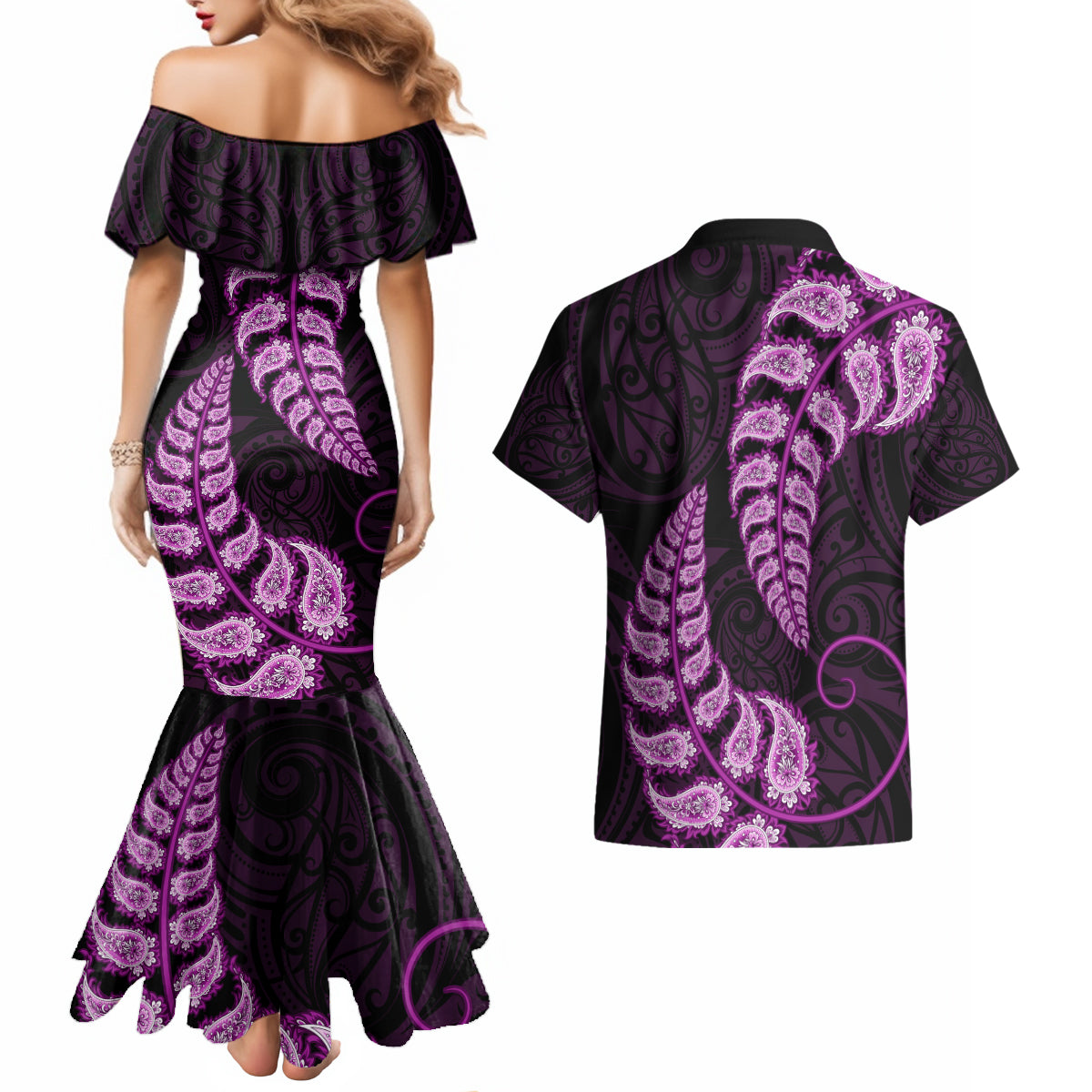 purple-new-zealand-paisley-silver-fern-couples-matching-mermaid-dress-and-hawaiian-shirt-aotearoa-maori