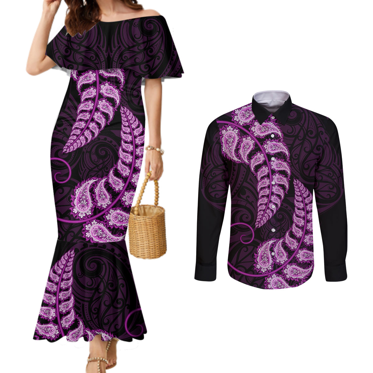 purple-new-zealand-paisley-silver-fern-couples-matching-mermaid-dress-and-long-sleeve-button-shirt-aotearoa-maori