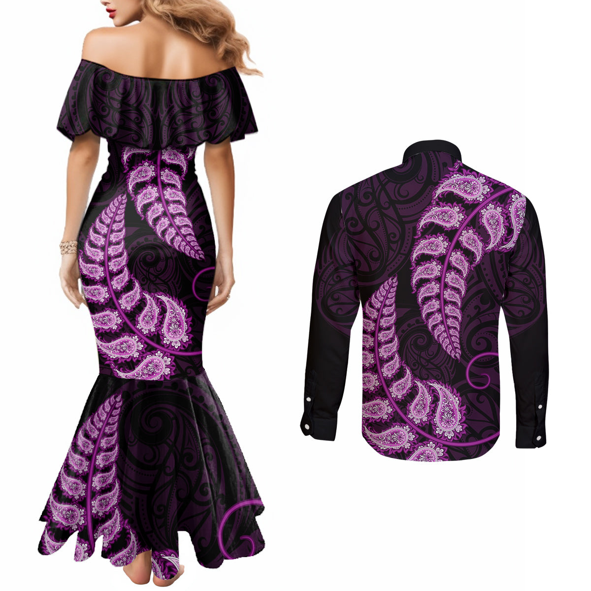 purple-new-zealand-paisley-silver-fern-couples-matching-mermaid-dress-and-long-sleeve-button-shirt-aotearoa-maori