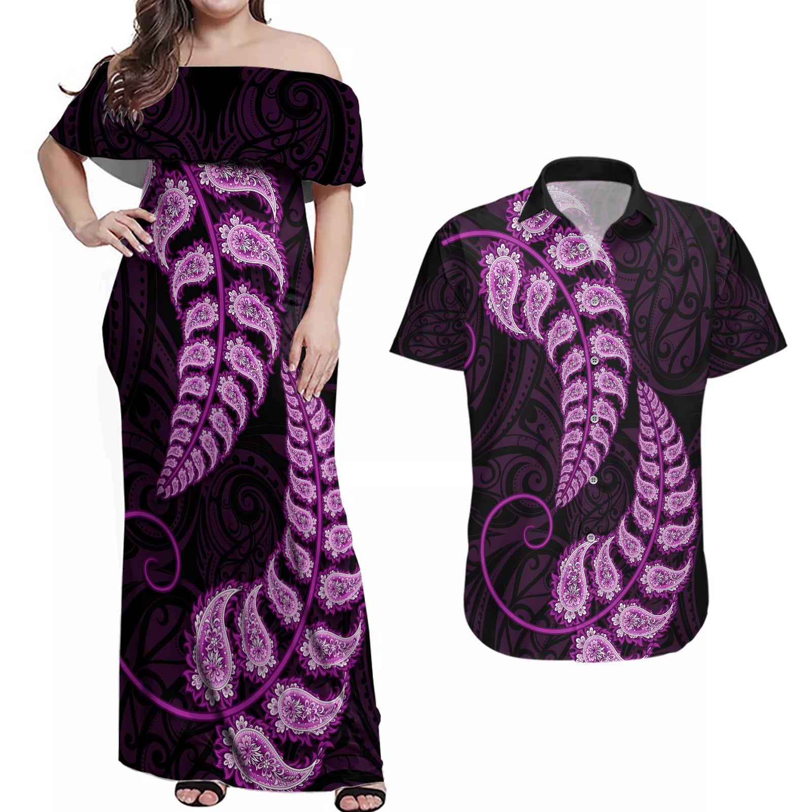 purple-new-zealand-paisley-silver-fern-couples-matching-off-shoulder-maxi-dress-and-hawaiian-shirt-aotearoa-maori