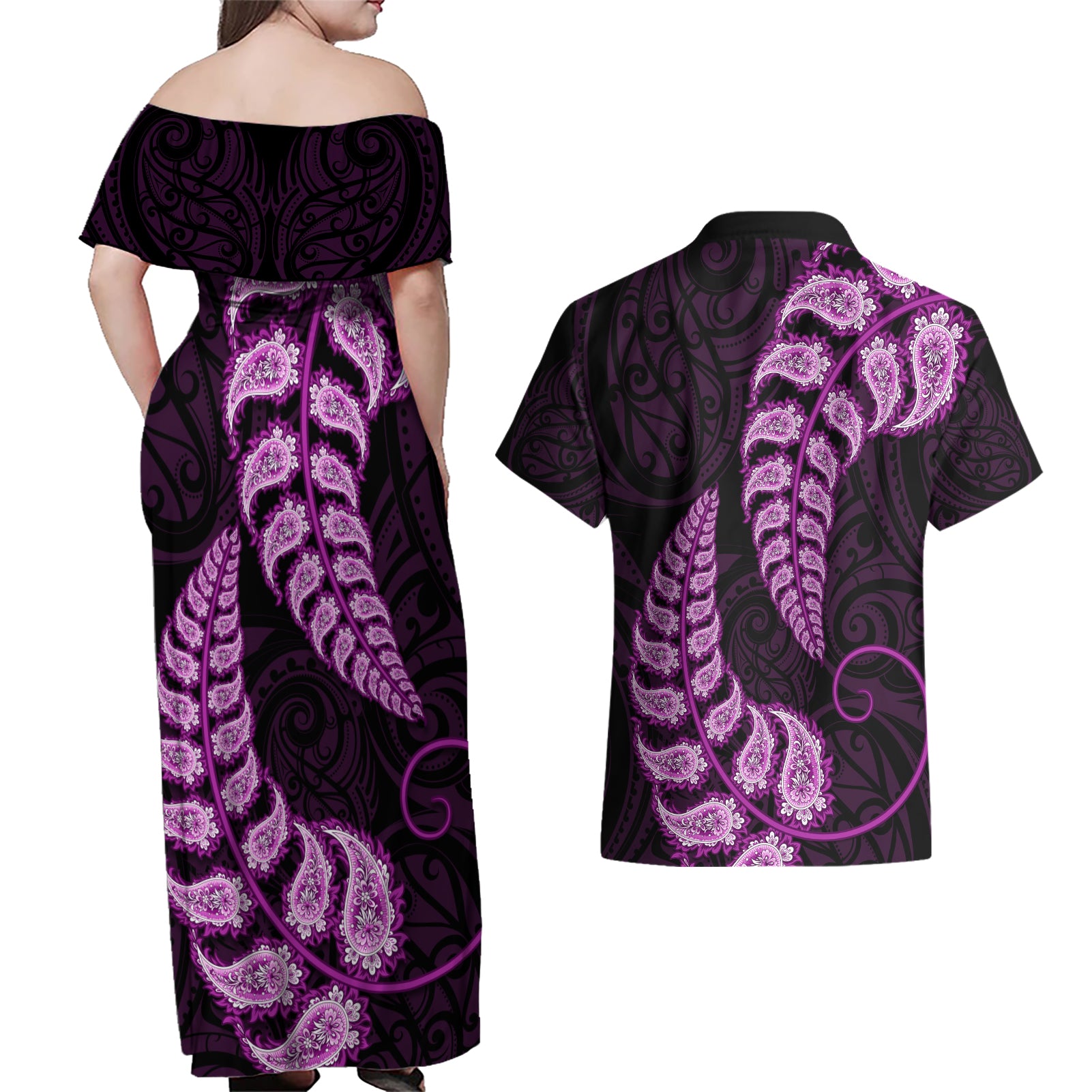 purple-new-zealand-paisley-silver-fern-couples-matching-off-shoulder-maxi-dress-and-hawaiian-shirt-aotearoa-maori