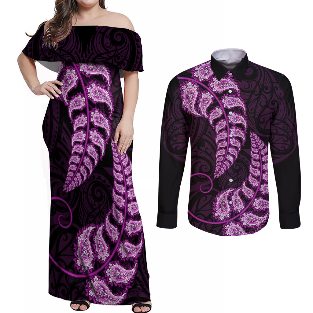 purple-new-zealand-paisley-silver-fern-couples-matching-off-shoulder-maxi-dress-and-long-sleeve-button-shirt-aotearoa-maori