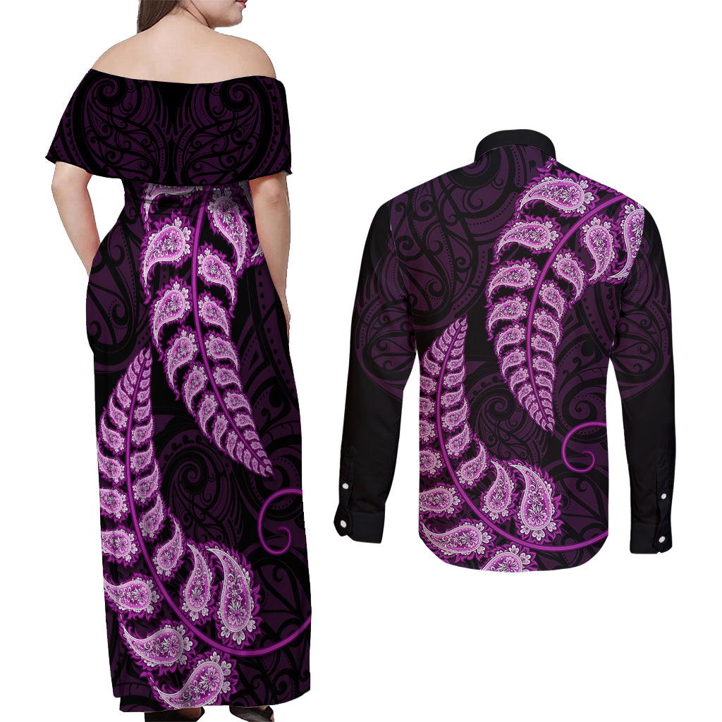 purple-new-zealand-paisley-silver-fern-couples-matching-off-shoulder-maxi-dress-and-long-sleeve-button-shirt-aotearoa-maori