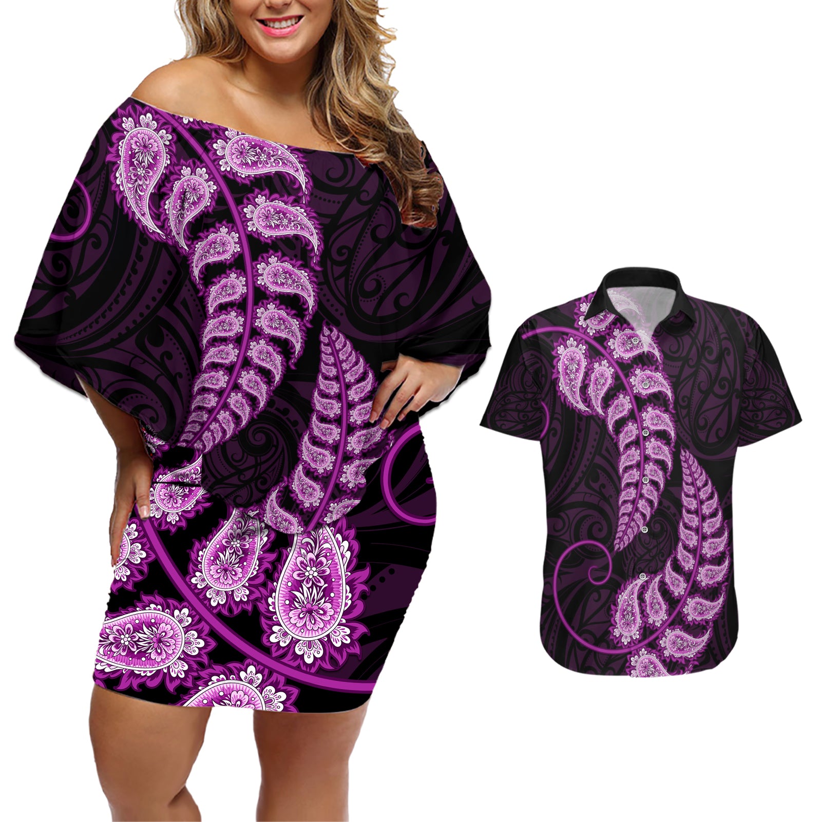 purple-new-zealand-paisley-silver-fern-couples-matching-off-shoulder-short-dress-and-hawaiian-shirt-aotearoa-maori