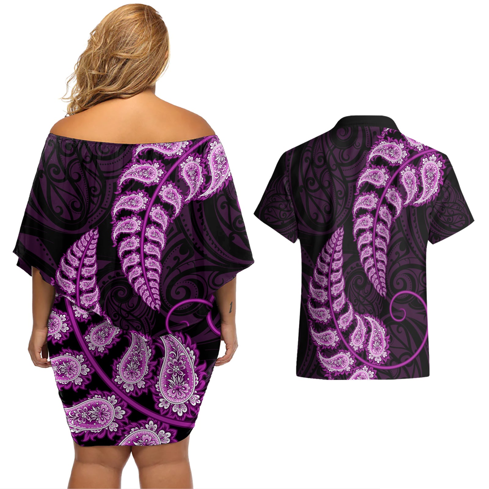 purple-new-zealand-paisley-silver-fern-couples-matching-off-shoulder-short-dress-and-hawaiian-shirt-aotearoa-maori