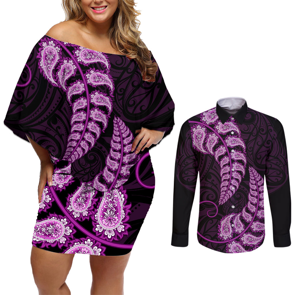 purple-new-zealand-paisley-silver-fern-couples-matching-off-shoulder-short-dress-and-long-sleeve-button-shirt-aotearoa-maori