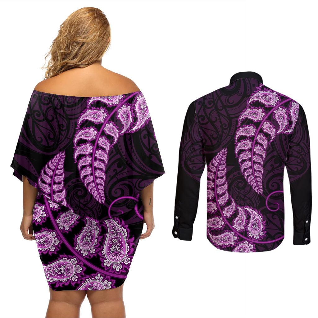 purple-new-zealand-paisley-silver-fern-couples-matching-off-shoulder-short-dress-and-long-sleeve-button-shirt-aotearoa-maori