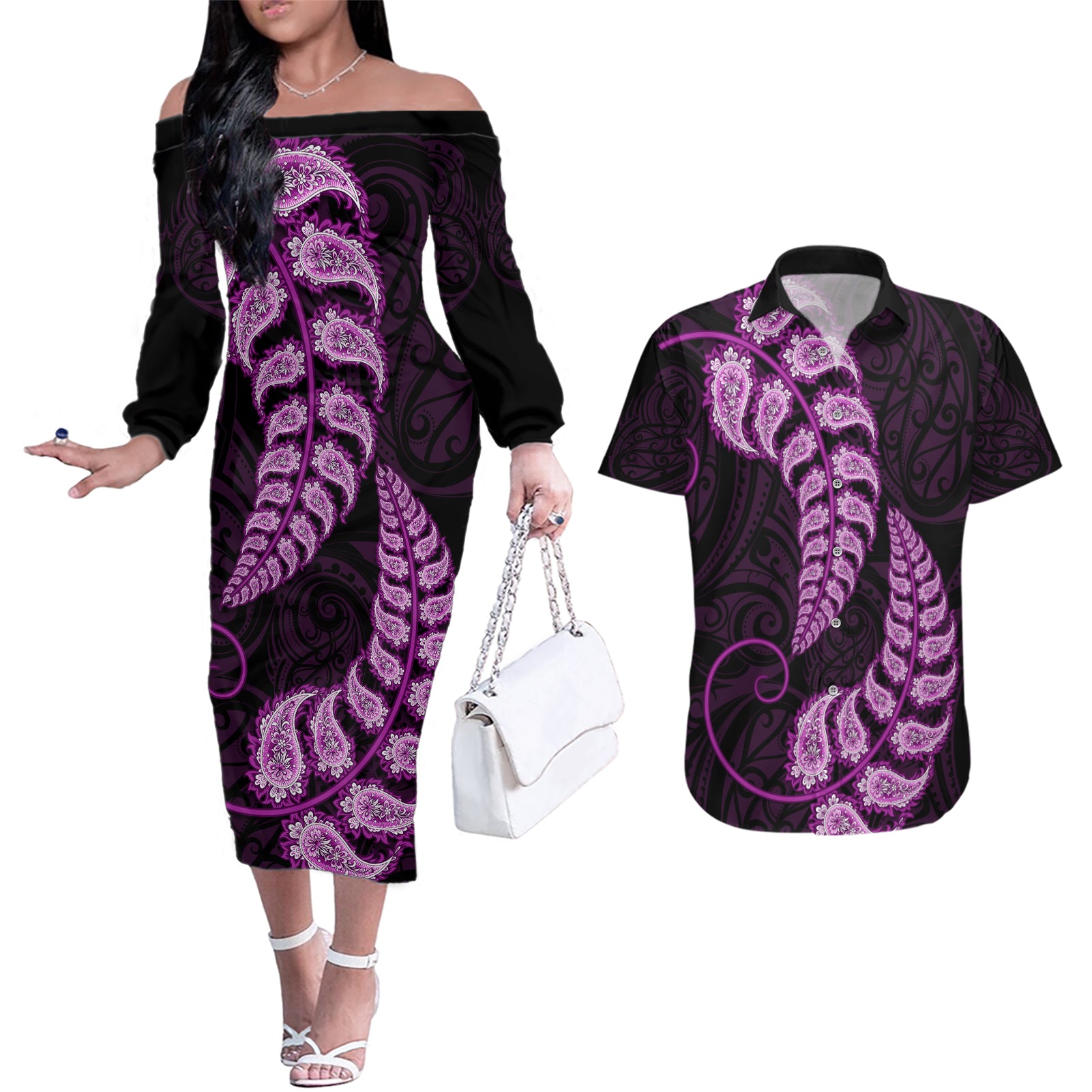 purple-new-zealand-paisley-silver-fern-couples-matching-off-the-shoulder-long-sleeve-dress-and-hawaiian-shirt-aotearoa-maori