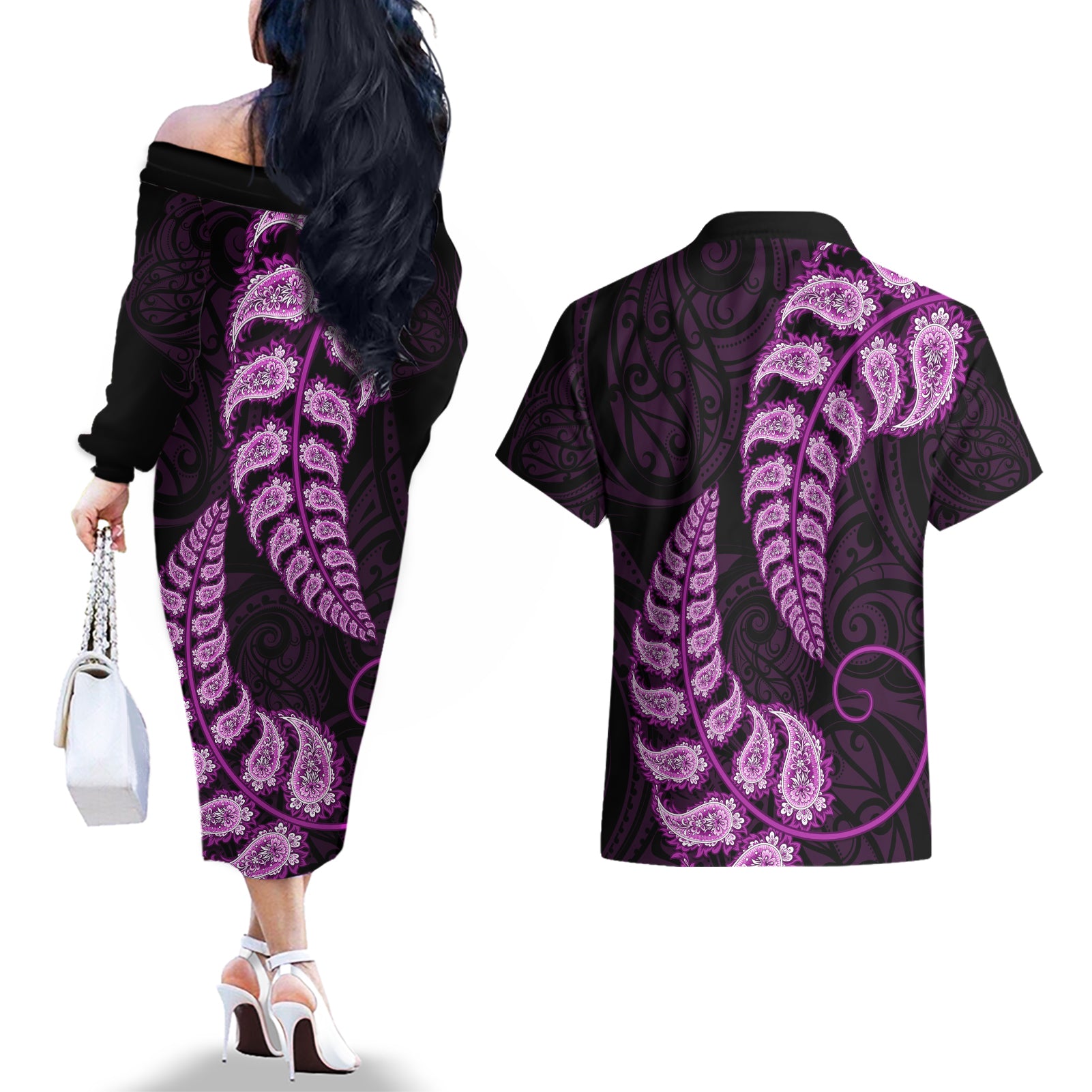 purple-new-zealand-paisley-silver-fern-couples-matching-off-the-shoulder-long-sleeve-dress-and-hawaiian-shirt-aotearoa-maori