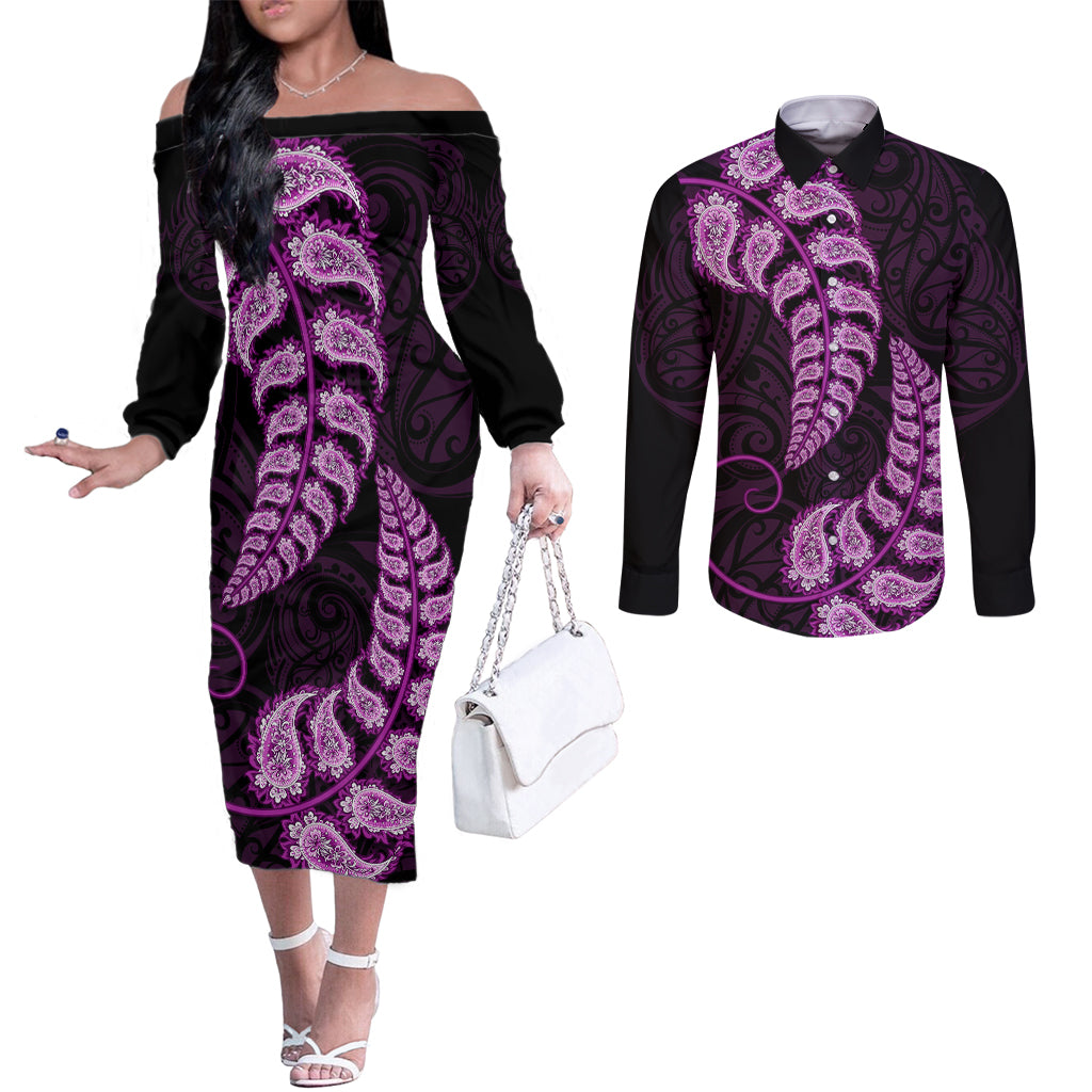 purple-new-zealand-paisley-silver-fern-couples-matching-off-the-shoulder-long-sleeve-dress-and-long-sleeve-button-shirt-aotearoa-maori