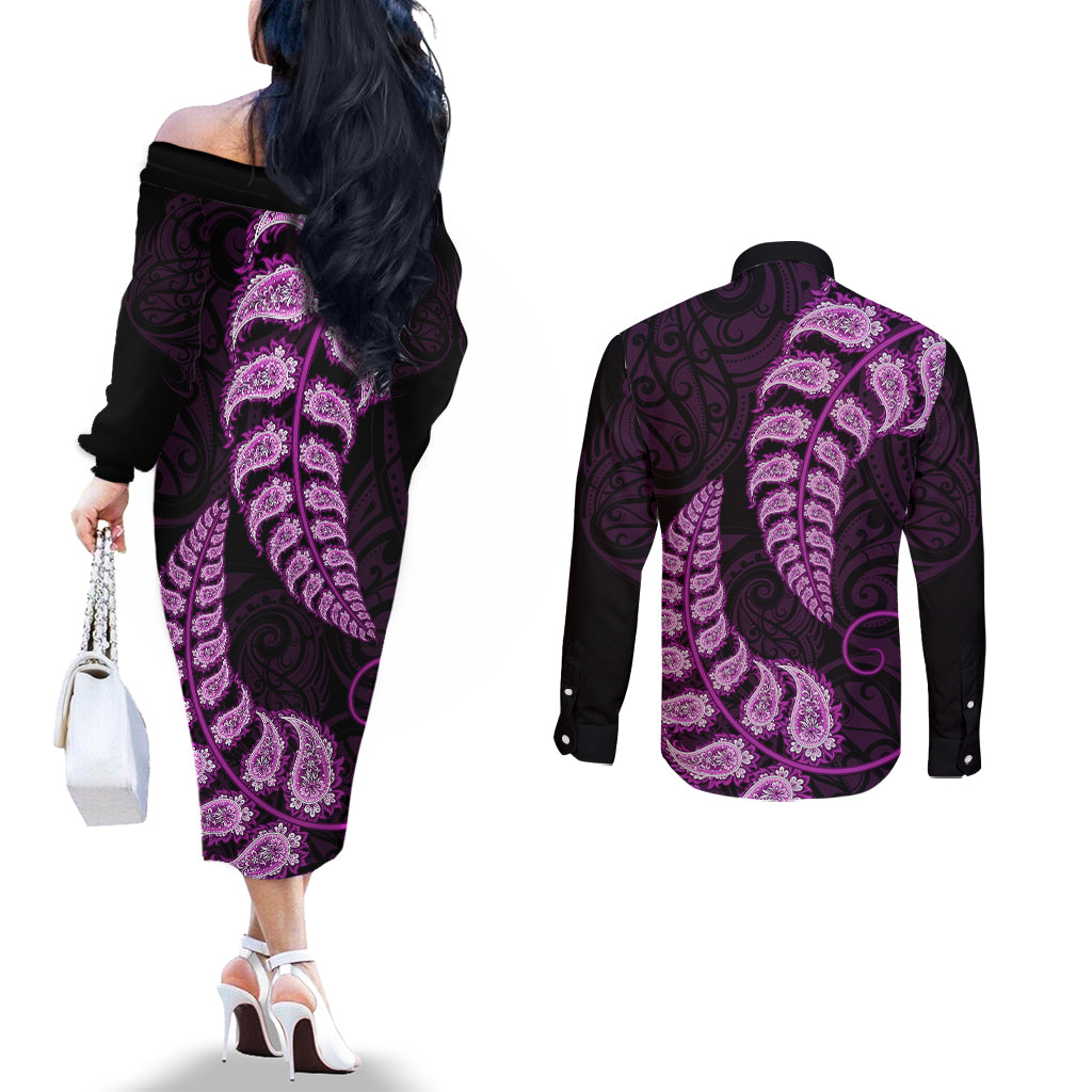 purple-new-zealand-paisley-silver-fern-couples-matching-off-the-shoulder-long-sleeve-dress-and-long-sleeve-button-shirt-aotearoa-maori