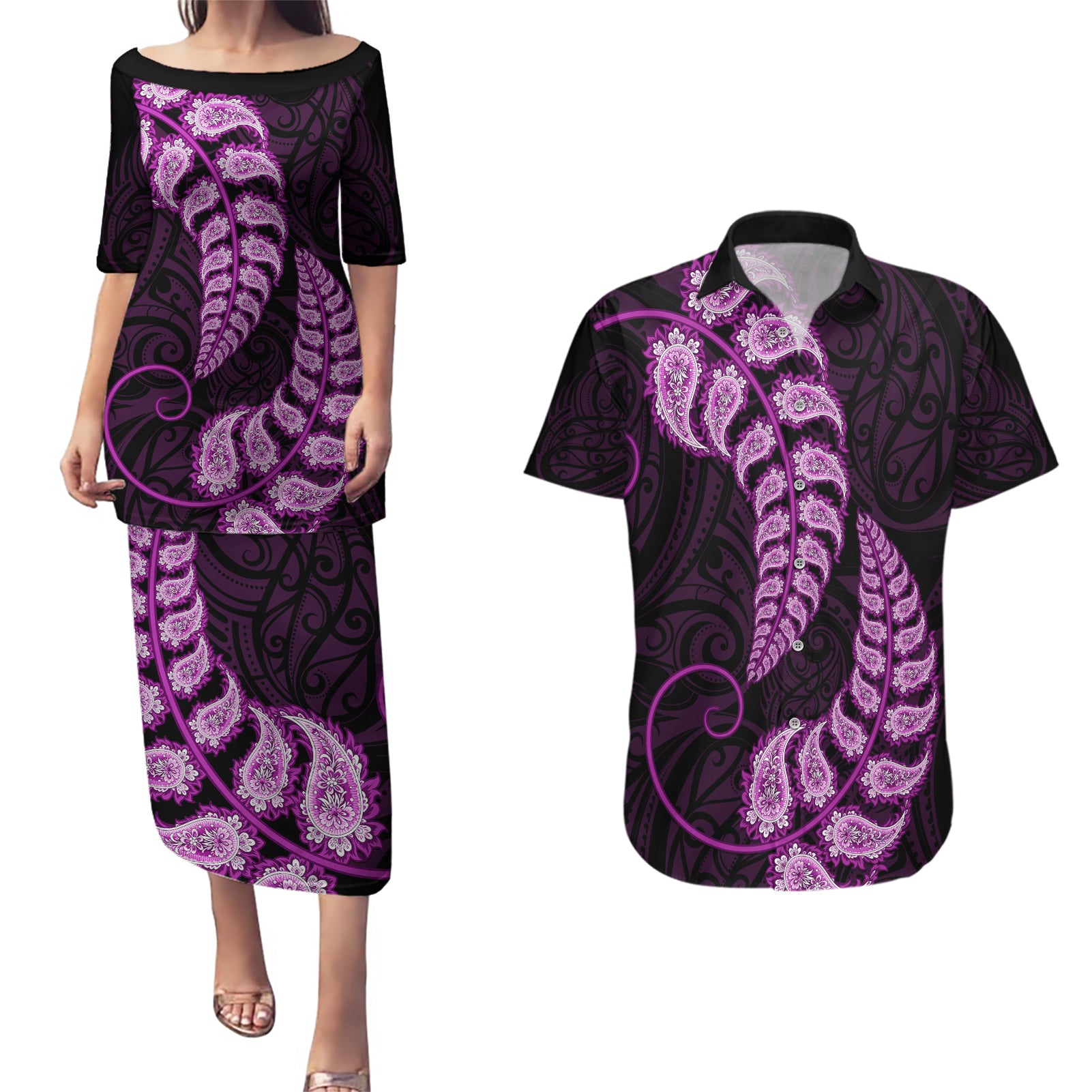 purple-new-zealand-paisley-silver-fern-couples-matching-puletasi-dress-and-hawaiian-shirt-aotearoa-maori