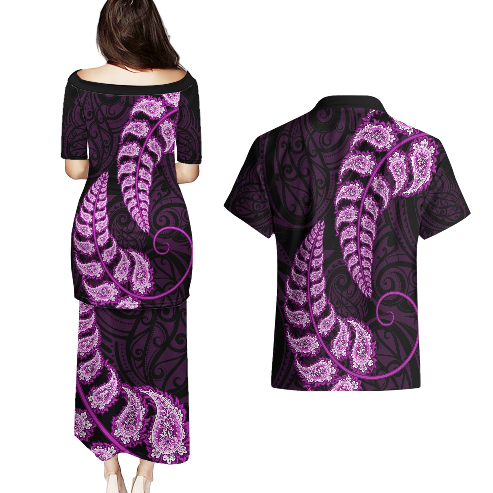 purple-new-zealand-paisley-silver-fern-couples-matching-puletasi-dress-and-hawaiian-shirt-aotearoa-maori