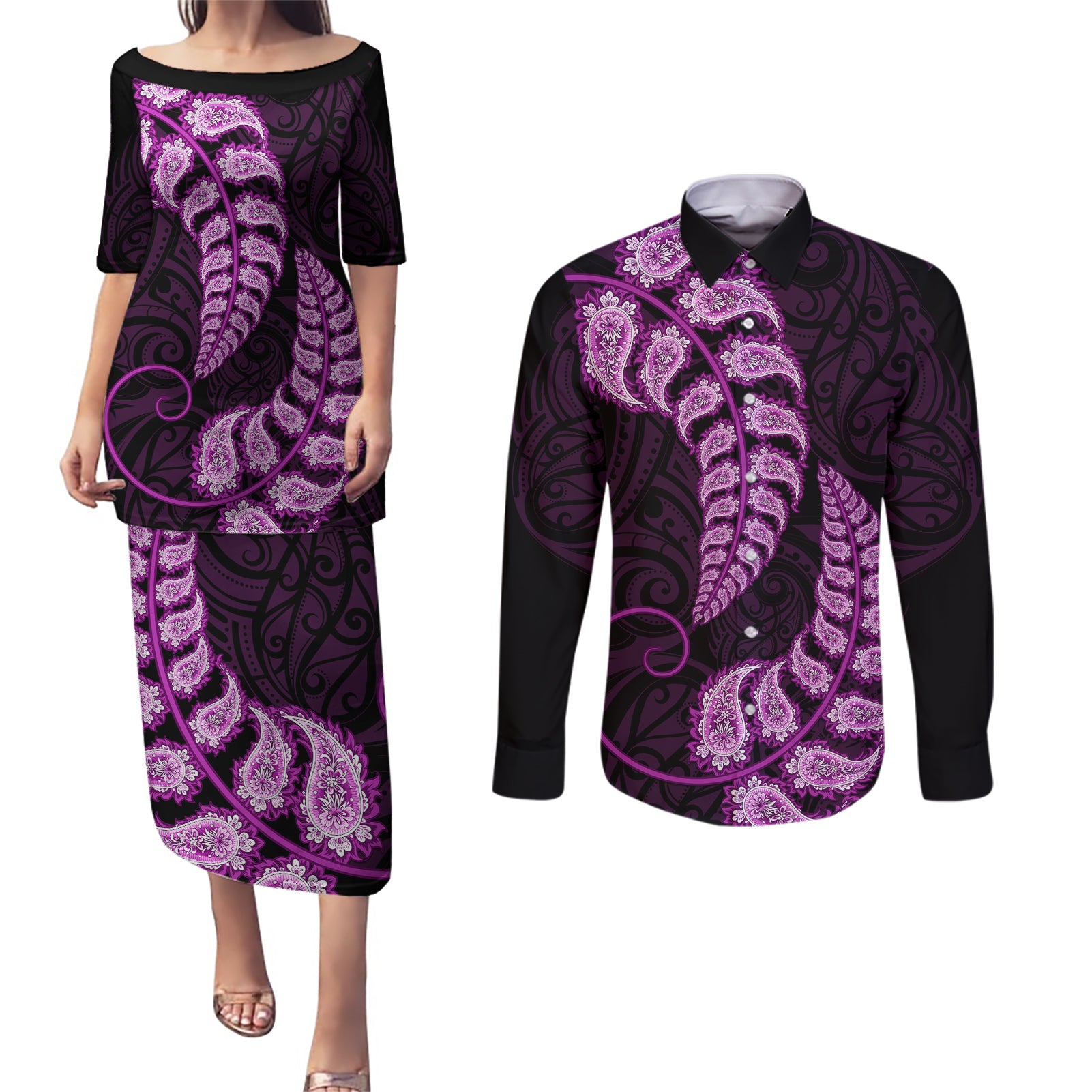 purple-new-zealand-paisley-silver-fern-couples-matching-puletasi-dress-and-long-sleeve-button-shirt-aotearoa-maori