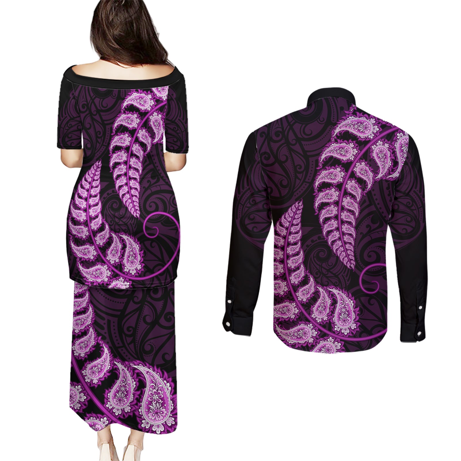 purple-new-zealand-paisley-silver-fern-couples-matching-puletasi-dress-and-long-sleeve-button-shirt-aotearoa-maori