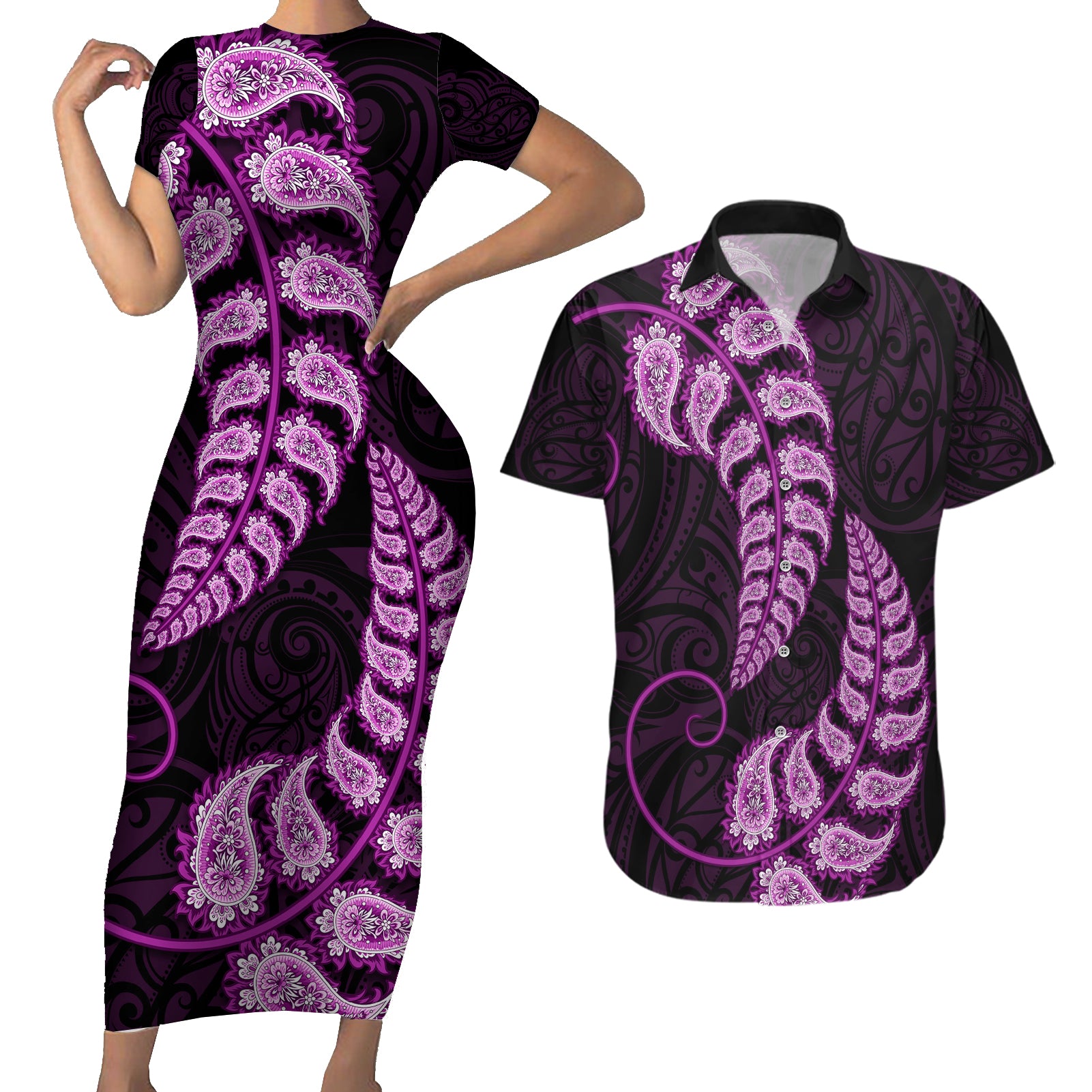 purple-new-zealand-paisley-silver-fern-couples-matching-short-sleeve-bodycon-dress-and-hawaiian-shirt-aotearoa-maori