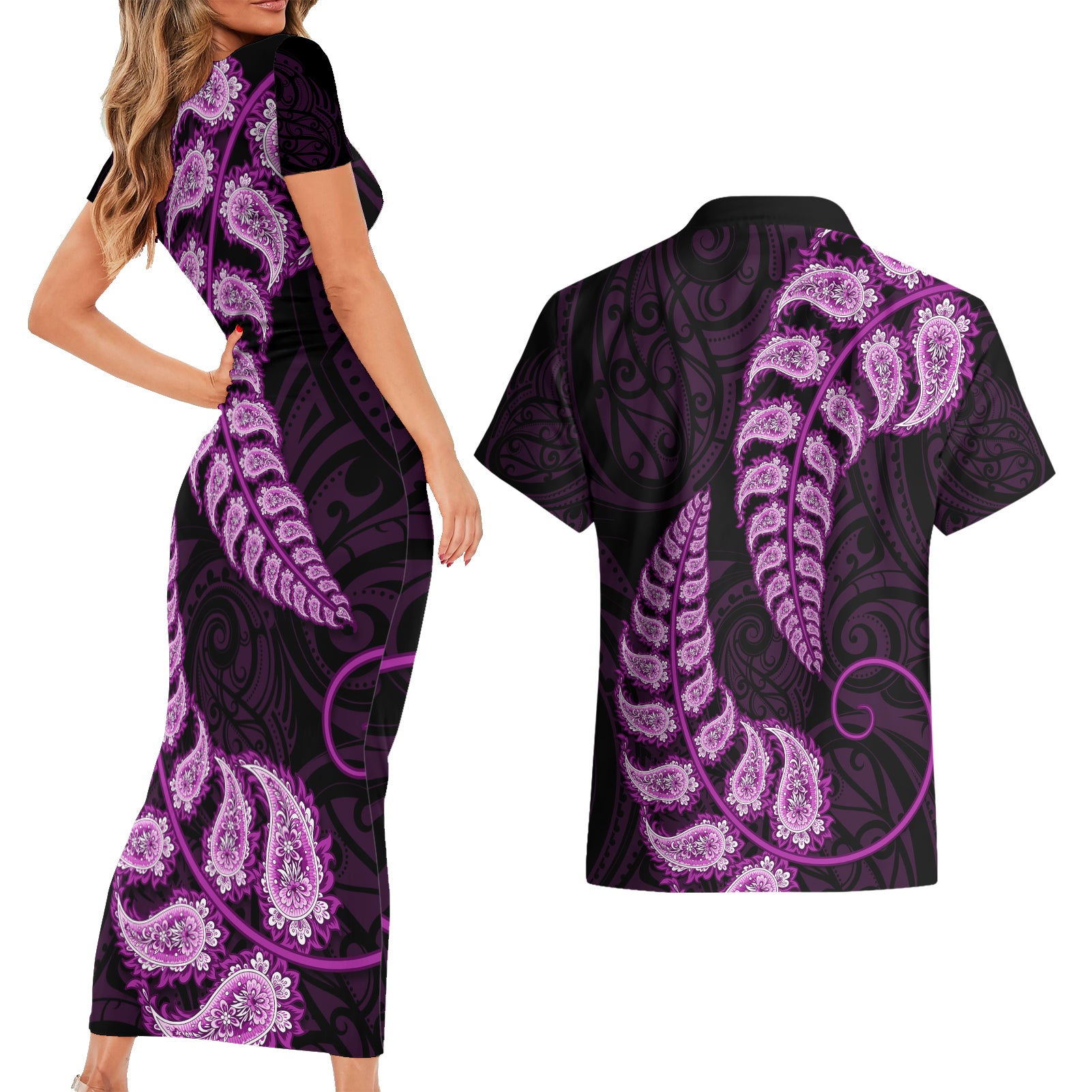 purple-new-zealand-paisley-silver-fern-couples-matching-short-sleeve-bodycon-dress-and-hawaiian-shirt-aotearoa-maori