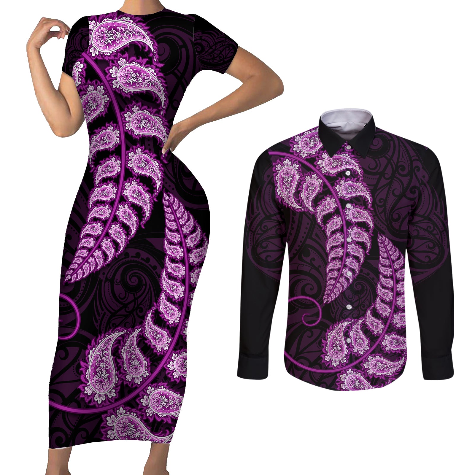 purple-new-zealand-paisley-silver-fern-couples-matching-short-sleeve-bodycon-dress-and-long-sleeve-button-shirt-aotearoa-maori