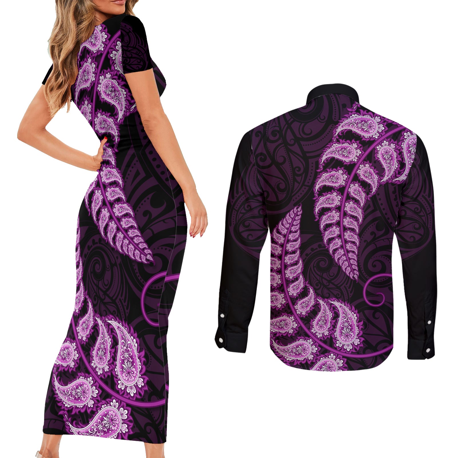 purple-new-zealand-paisley-silver-fern-couples-matching-short-sleeve-bodycon-dress-and-long-sleeve-button-shirt-aotearoa-maori