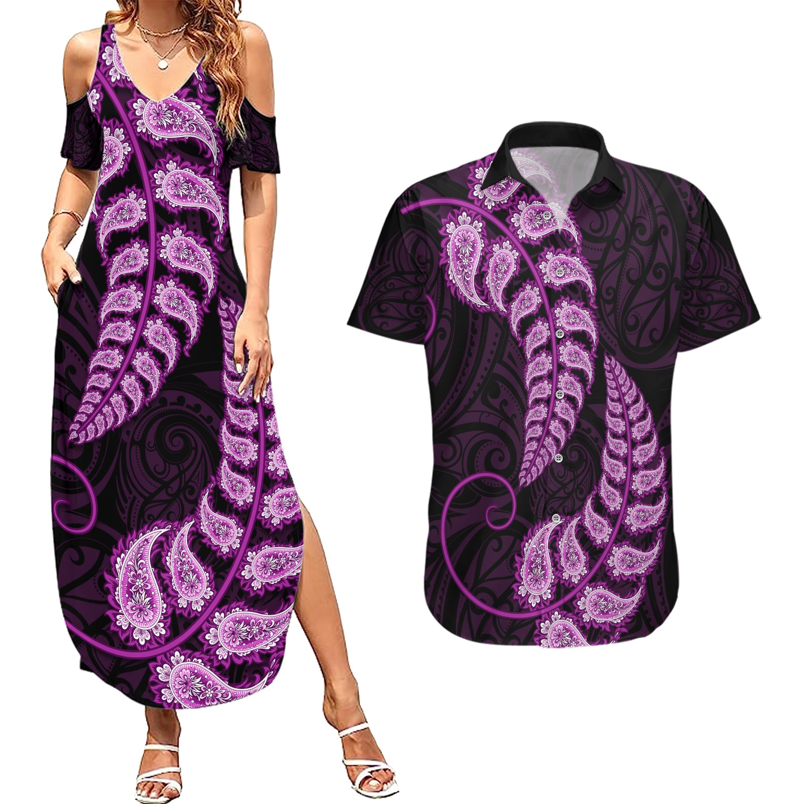 purple-new-zealand-paisley-silver-fern-couples-matching-summer-maxi-dress-and-hawaiian-shirt-aotearoa-maori