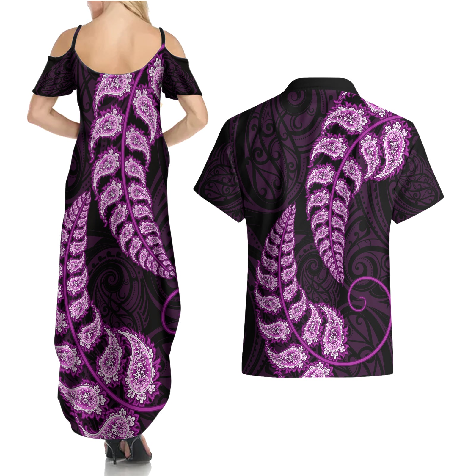 purple-new-zealand-paisley-silver-fern-couples-matching-summer-maxi-dress-and-hawaiian-shirt-aotearoa-maori