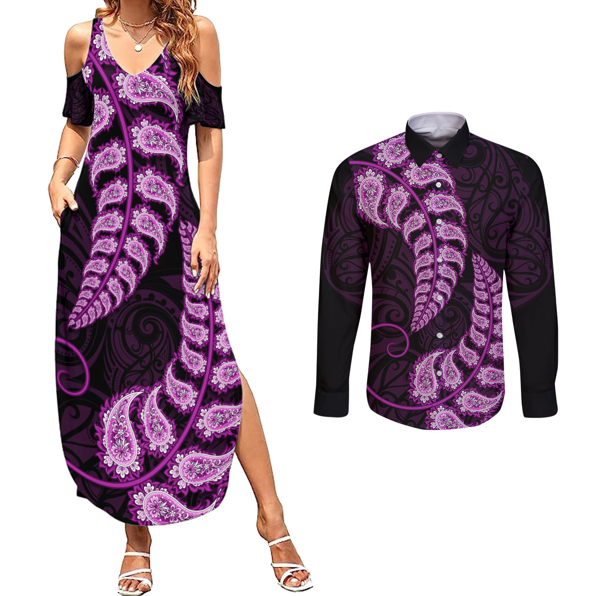 purple-new-zealand-paisley-silver-fern-couples-matching-summer-maxi-dress-and-long-sleeve-button-shirt-aotearoa-maori