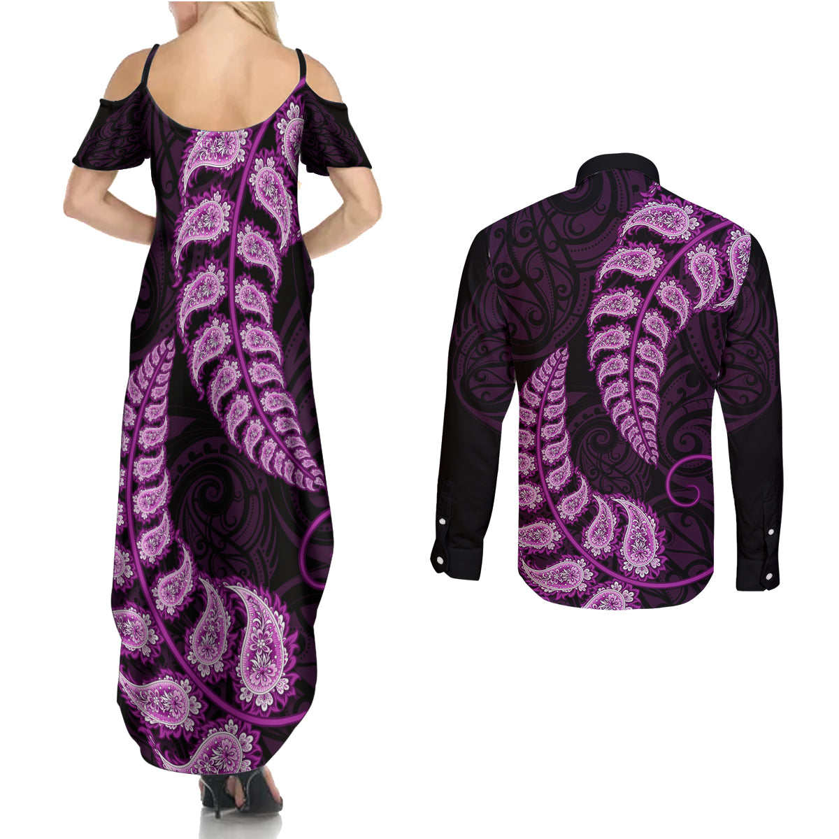 purple-new-zealand-paisley-silver-fern-couples-matching-summer-maxi-dress-and-long-sleeve-button-shirt-aotearoa-maori