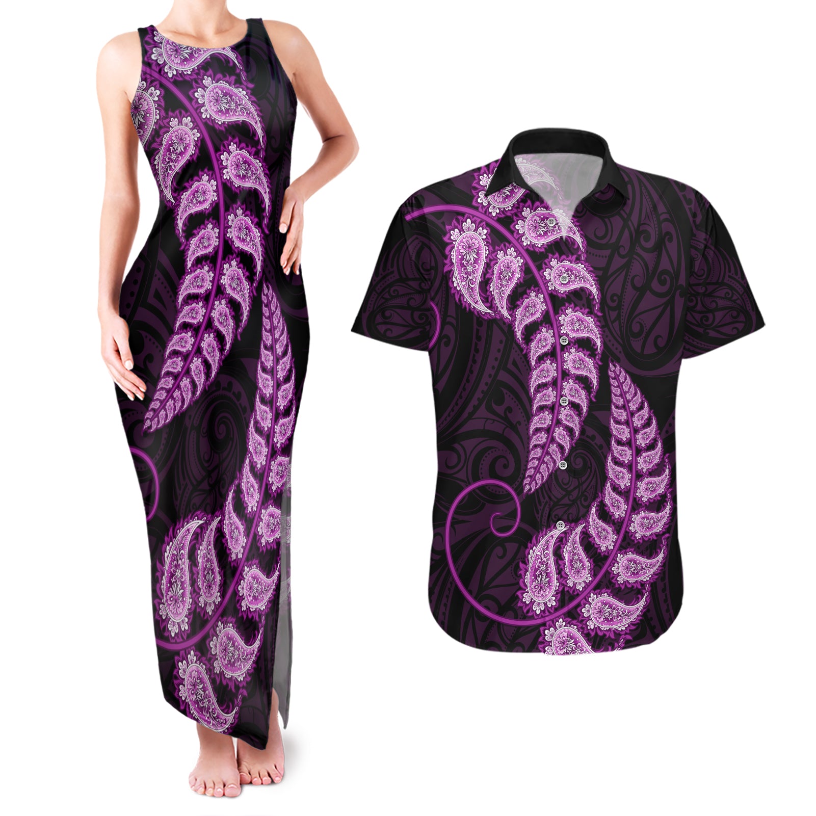 purple-new-zealand-paisley-silver-fern-couples-matching-tank-maxi-dress-and-hawaiian-shirt-aotearoa-maori