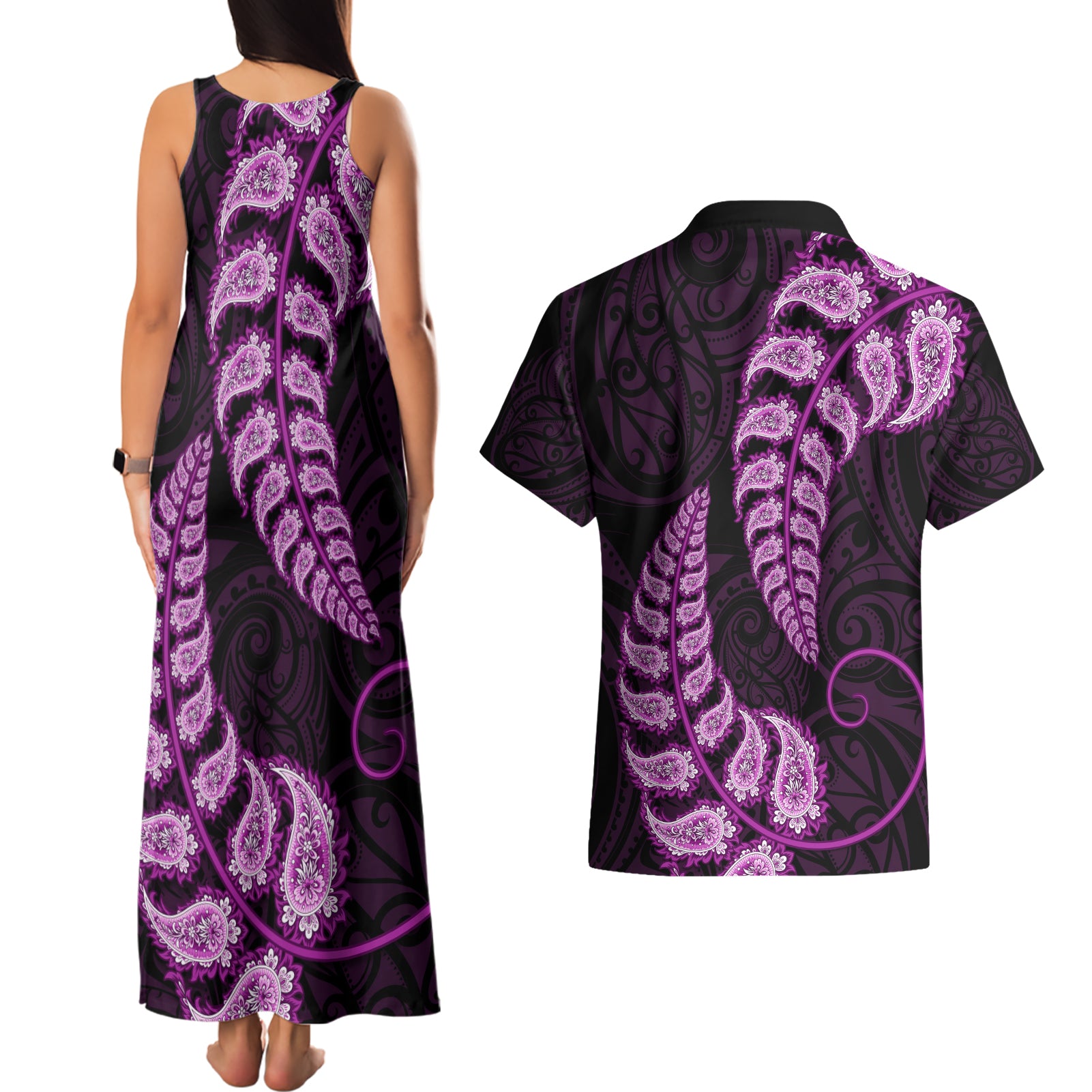 purple-new-zealand-paisley-silver-fern-couples-matching-tank-maxi-dress-and-hawaiian-shirt-aotearoa-maori