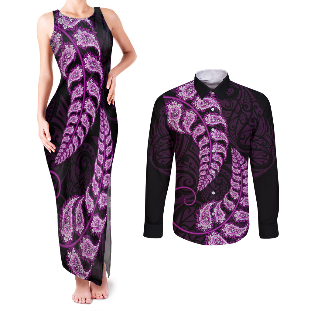 purple-new-zealand-paisley-silver-fern-couples-matching-tank-maxi-dress-and-long-sleeve-button-shirt-aotearoa-maori