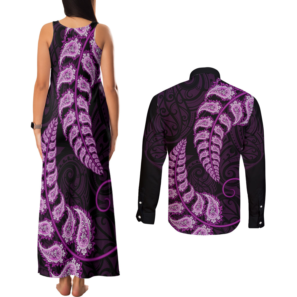 purple-new-zealand-paisley-silver-fern-couples-matching-tank-maxi-dress-and-long-sleeve-button-shirt-aotearoa-maori